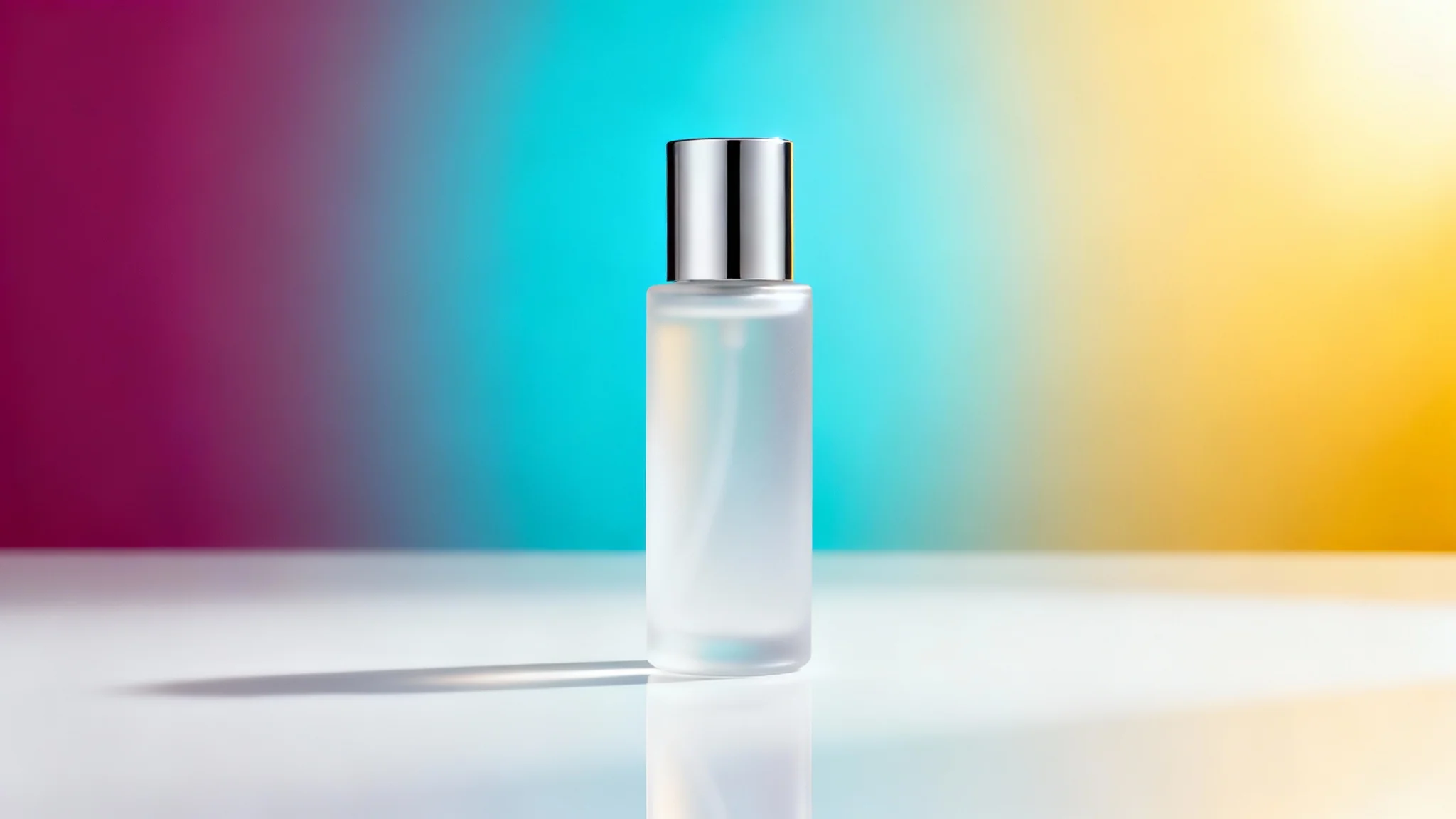 A minimalist product shot of a frosted glass cosmetic bottle with a silver cap, set against a vibrant magenta, turquoise, and yellow gradient background.