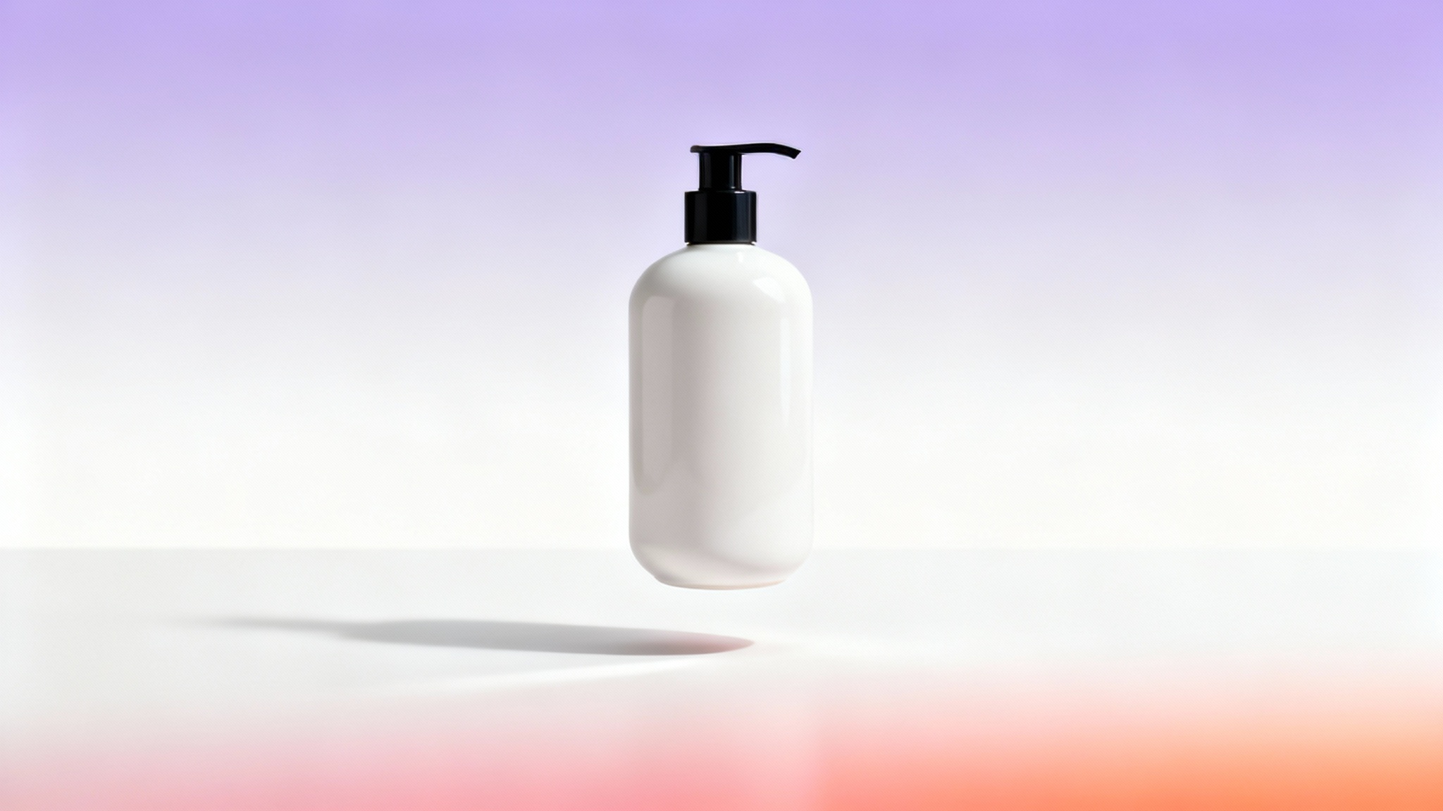 A sleek, matte white cosmetic bottle mockup set against a vibrant yet soft lavender and coral pink gradient background, isolated on a white surface.