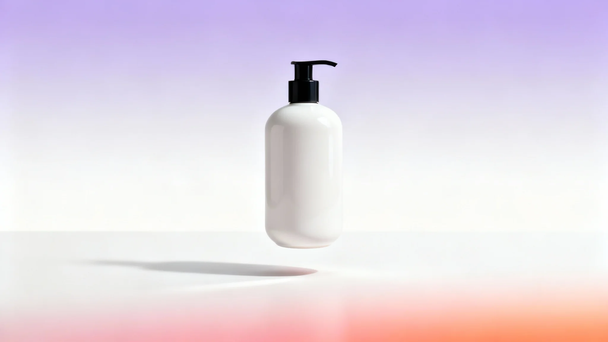 A sleek, matte white cosmetic bottle mockup set against a vibrant yet soft lavender and coral pink gradient background, isolated on a white surface.