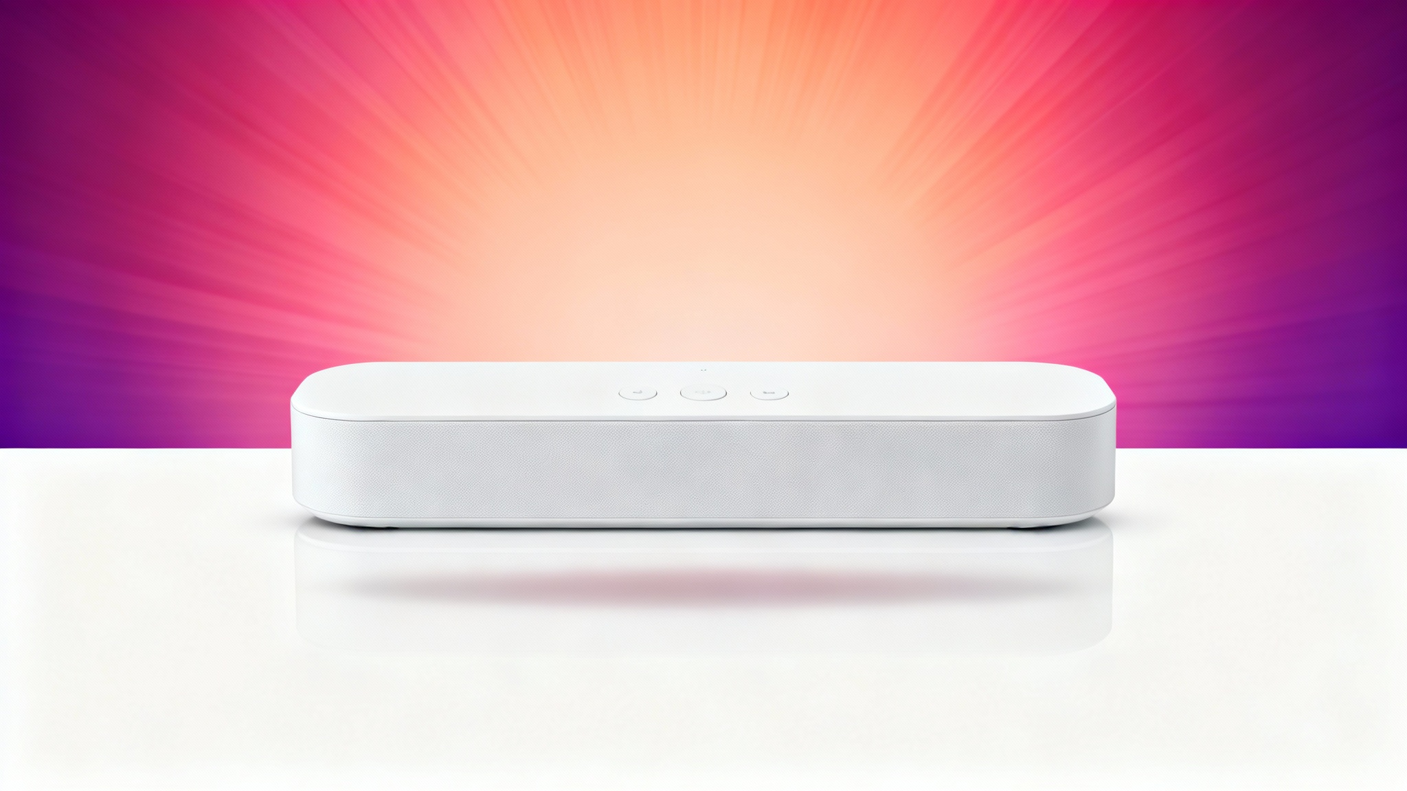 A modern, white wireless speaker featured in a professional product shot against a vibrant peach, magenta, and violet gradient background.