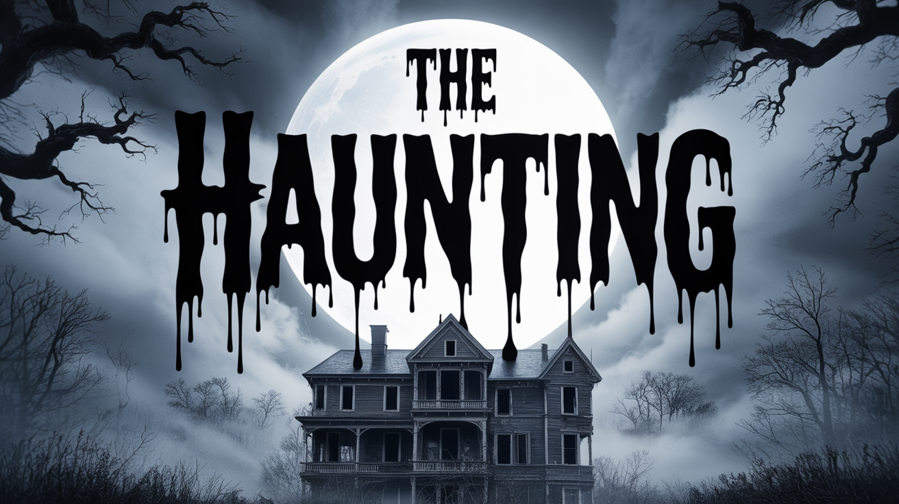 A cinematic hero image with the words "THE HAUNTING" written in a spooky, dripping horror font, set against the backdrop of a creepy haunted house at night.