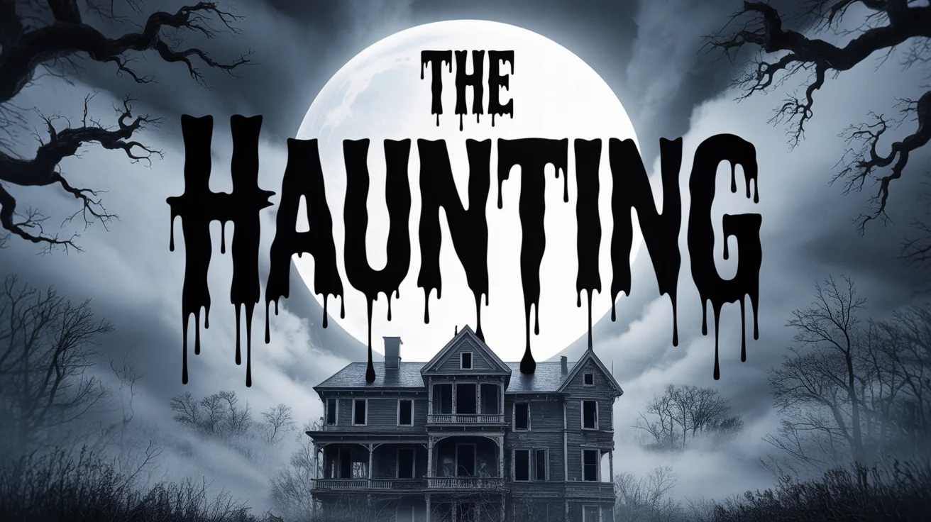 A cinematic hero image with the words "THE HAUNTING" written in a spooky, dripping horror font, set against the backdrop of a creepy haunted house at night.