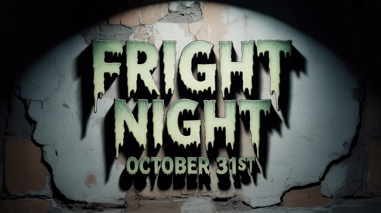 A mockup showcasing a haunted house font. The words 'FRIGHT NIGHT' and 'OCTOBER 31ST' are written in a spooky, dripping, and jagged typeface against a plain dark background.