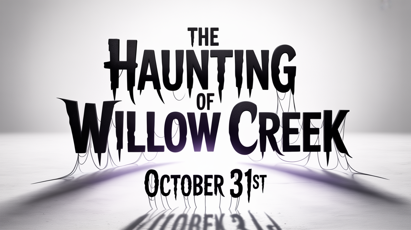 A mockup of a spooky, haunted house font. The text 'The Haunting of Willow Creek' and 'October 31st' is written in a jagged, black, distressed typeface against a clean white background, creating an eerie effect.