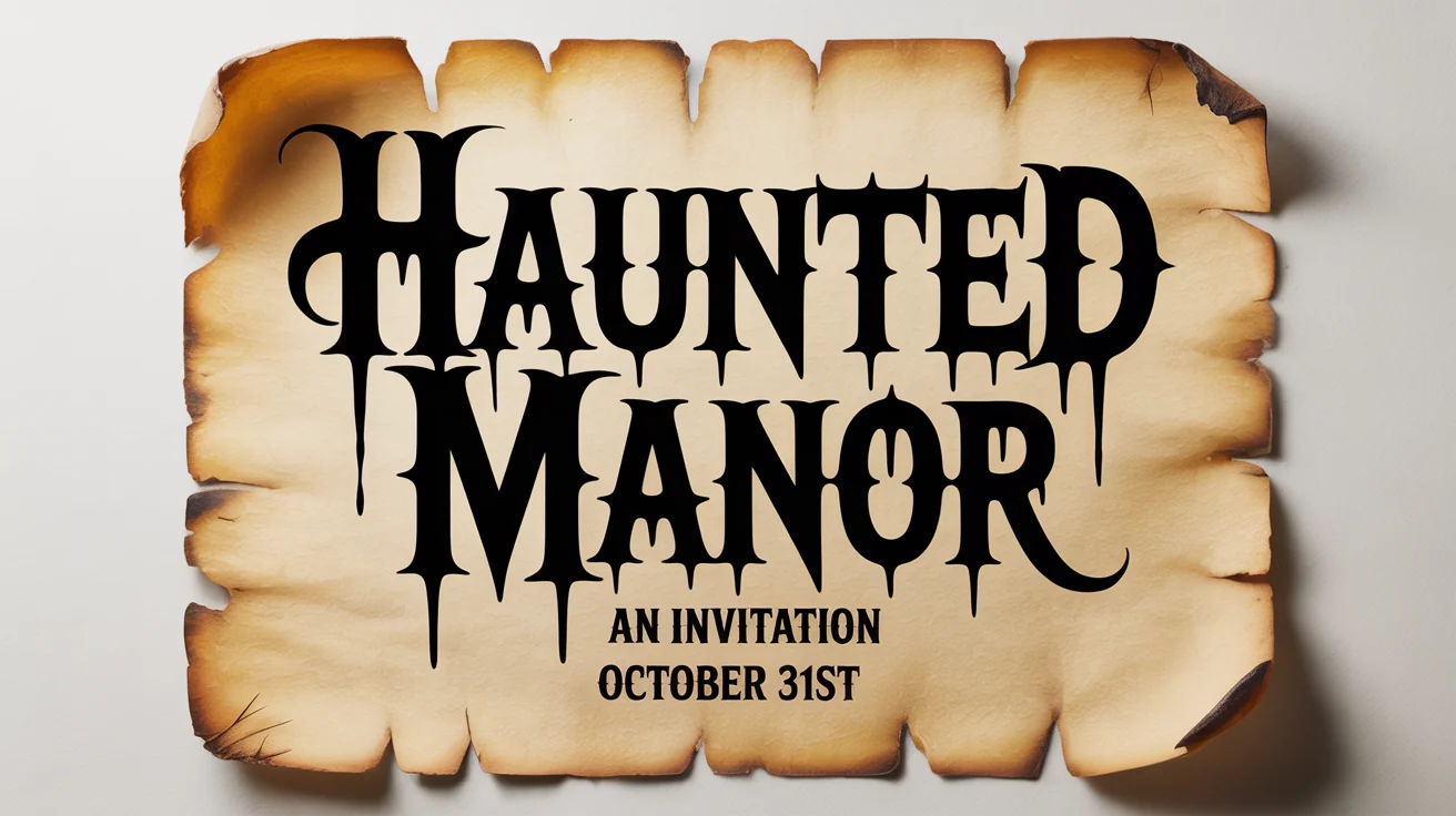 A typographic mockup of a haunted house font on aged parchment, reading 'HAUNTED MANOR, An Invitation, OCTOBER 31ST'. The font is spooky and dripping, set against a clean white background.
