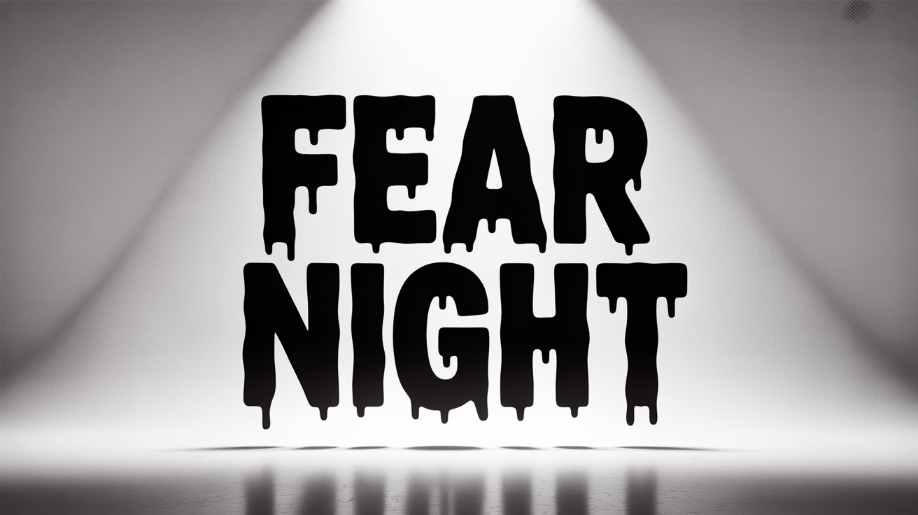 The words 'FEAR NIGHT' displayed in a spooky, dripping, and jagged haunted house font against a plain white background.