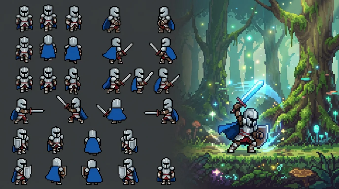 A hero image demonstrating a pixel art knight sprite sheet. On the left is the organized sprite sheet, which flows into a video game scene on the right where the animated knight is in a dynamic battle pose in a forest.