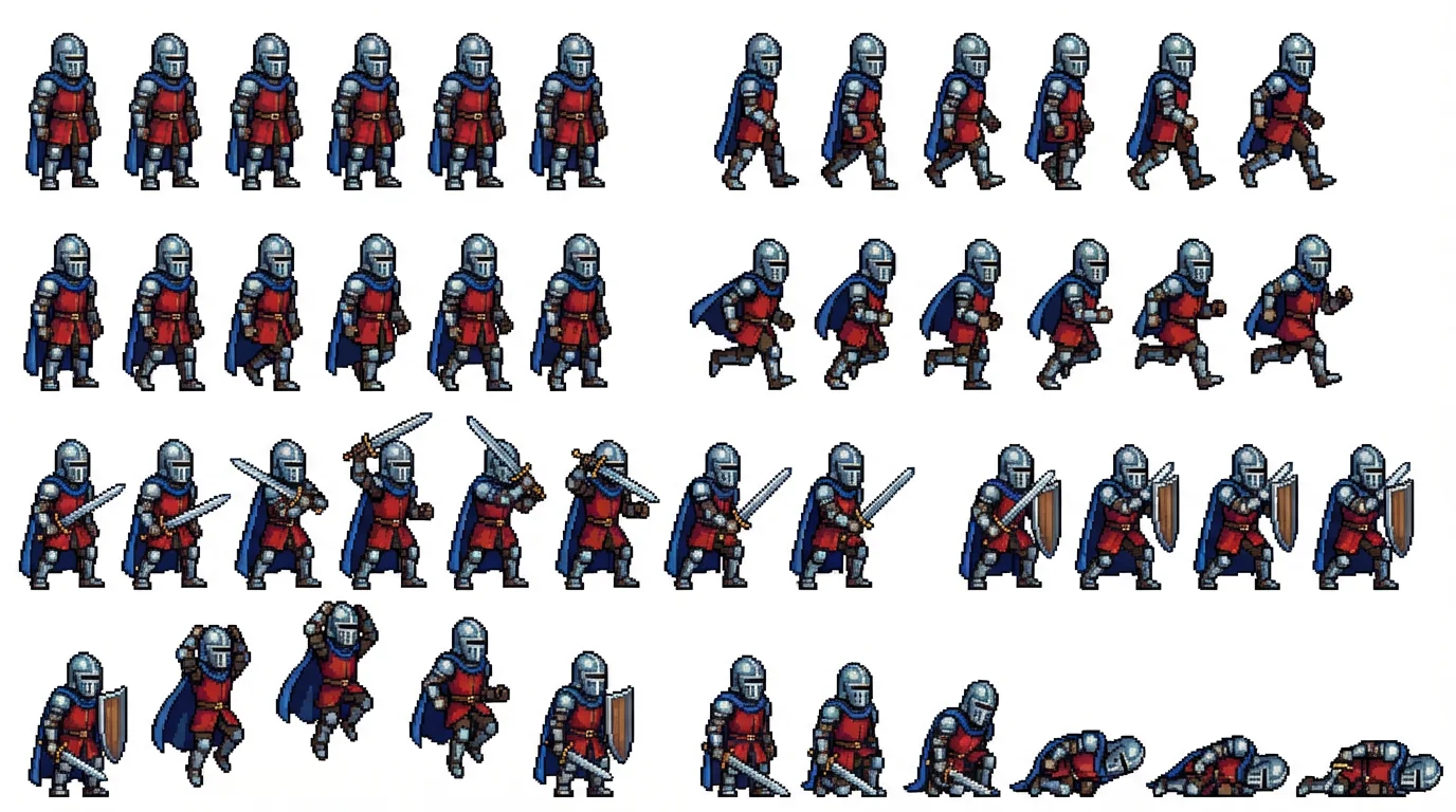 A pixel art sprite sheet of a knight character for a video game, showing various animation poses like walking, attacking, and jumping on a white background.