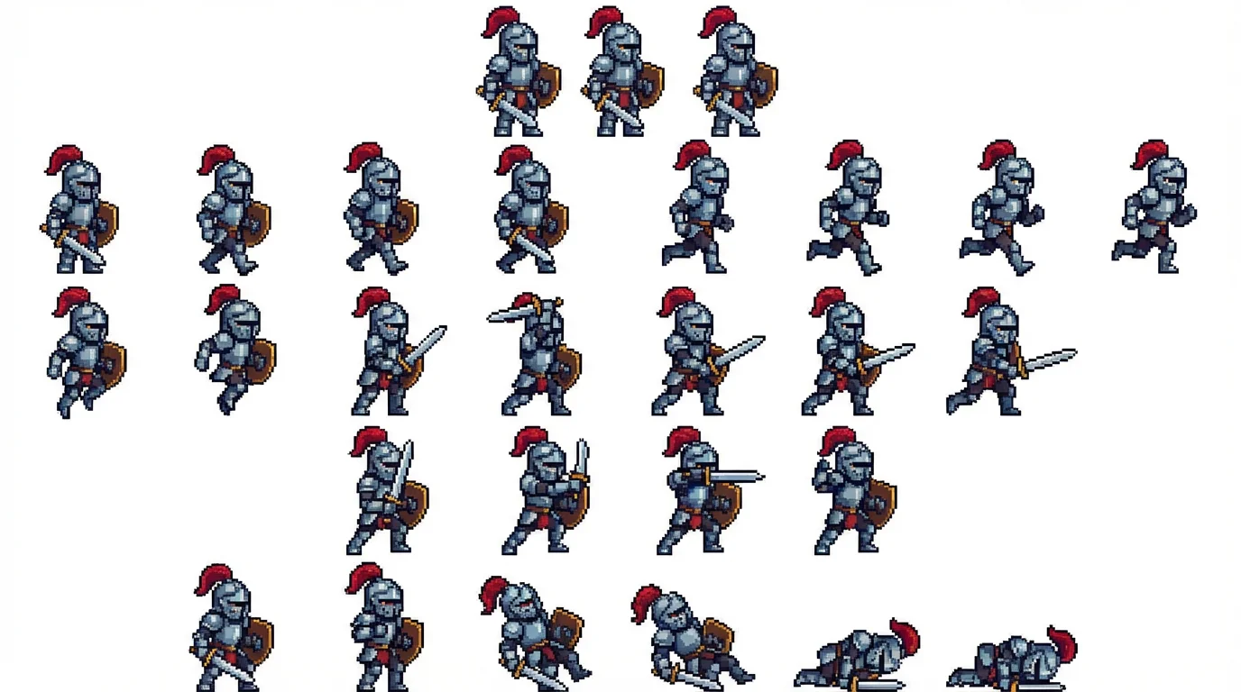A 16-bit pixel art sprite sheet showing a knight character in various poses and animations, such as walking, jumping, and attacking, arranged in a grid on a white background.