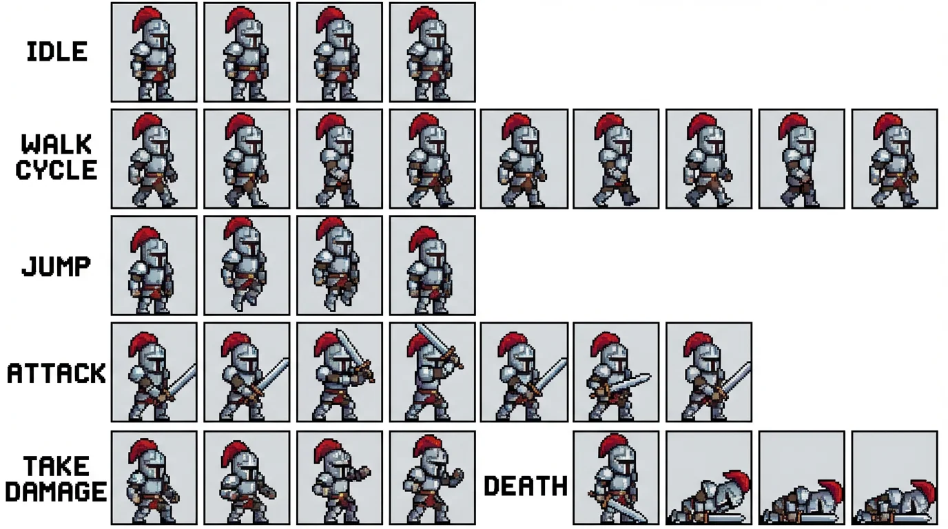 A pixel art sprite sheet of a medieval knight, displaying various animation poses like standing, walking, attacking, and jumping, all arranged in a grid on a white background.