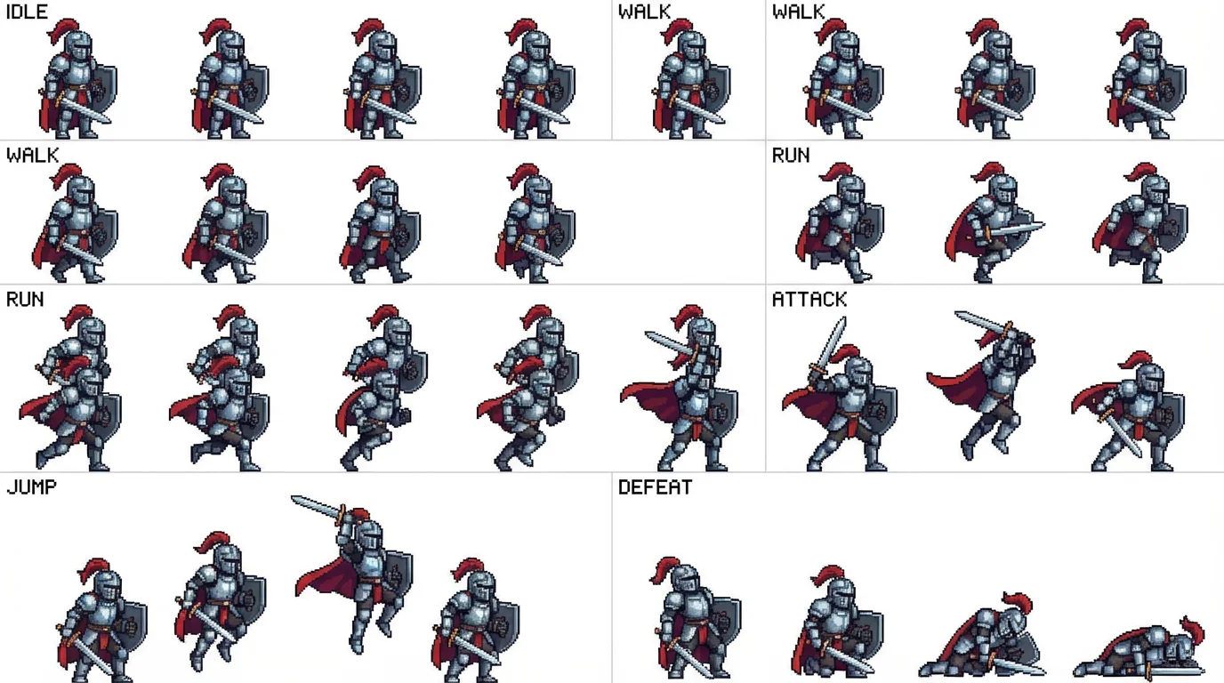 A 16-bit pixel art sprite sheet of a knight in full armor, showcasing various animation frames like walking, running, and attacking, arranged in a grid on a white background.