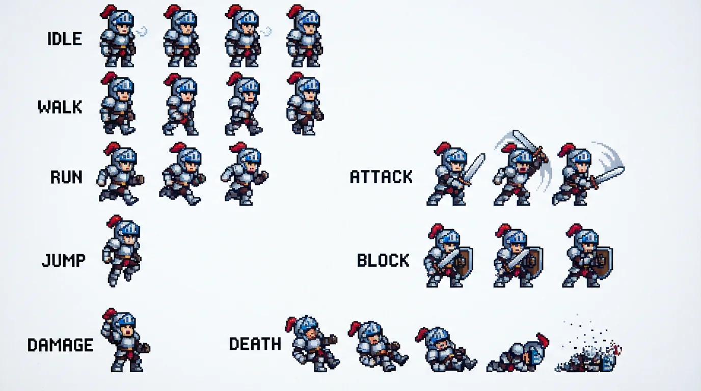 A 16-bit pixel art sprite sheet of a knight character in various animation poses, including idle, walking, running, attacking, and dying, set against a plain white background.