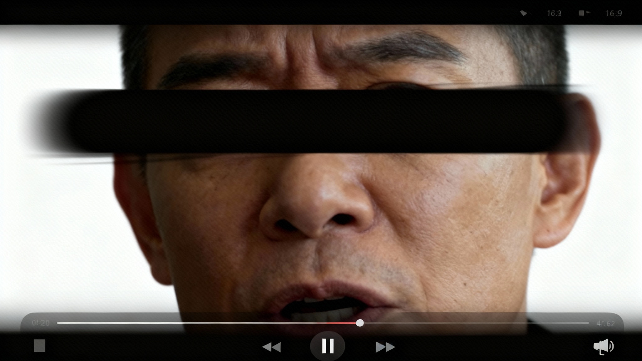 An example of a censor bar animation effect shown on a video player. A close-up of a person's face is partially obscured by a black censor bar sliding across their eyes, creating a dynamic and censored look.