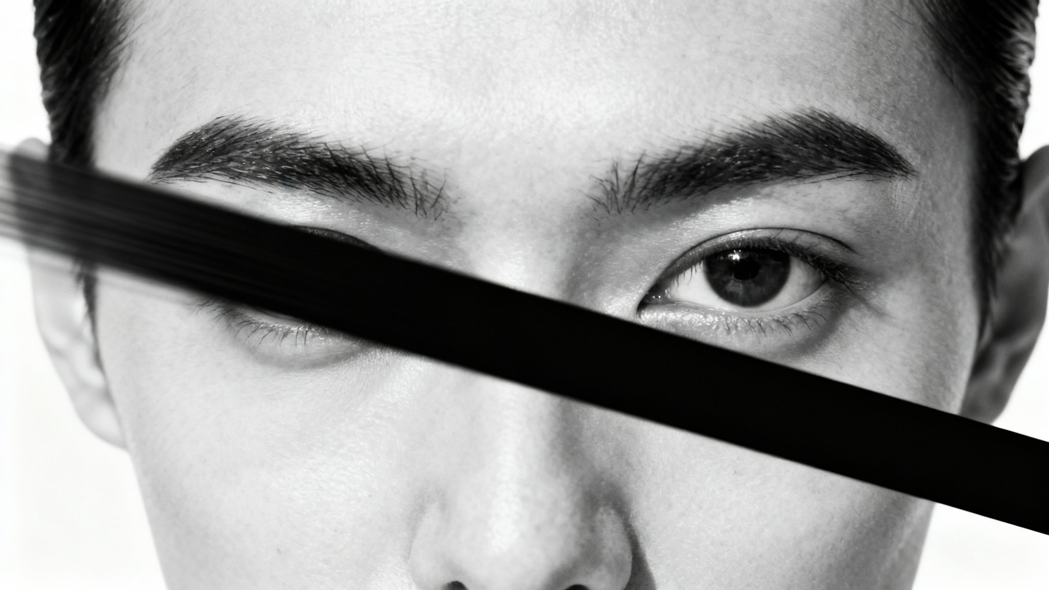 A close-up black and white image of a person's face, with a solid black censor bar shown in motion as it slides across their eyes, representing censor bar animation.