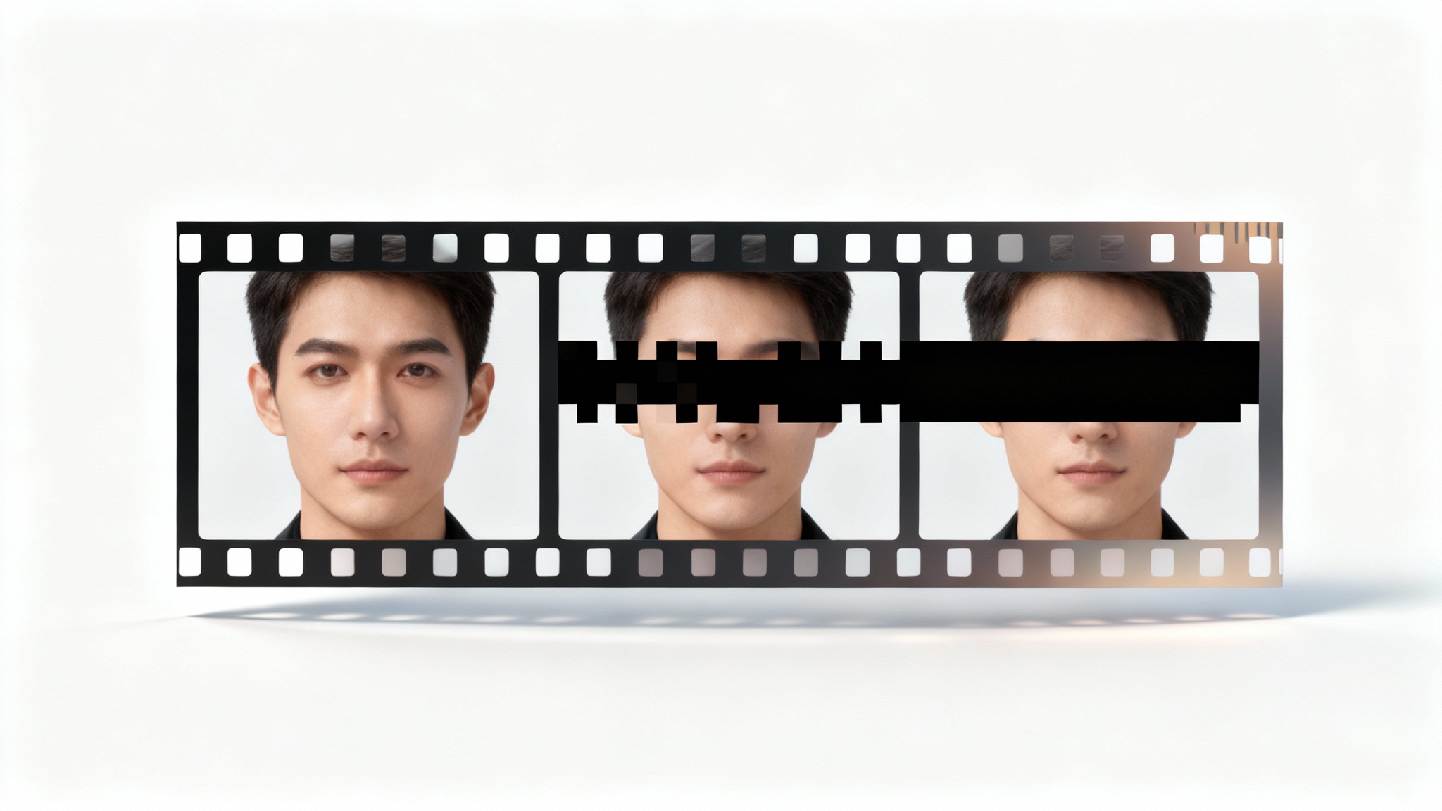 A film strip with three frames illustrating a censor bar animation. The first frame shows a person's face, the second shows a censor bar partially covering their eyes, and the third shows the eyes fully censored.