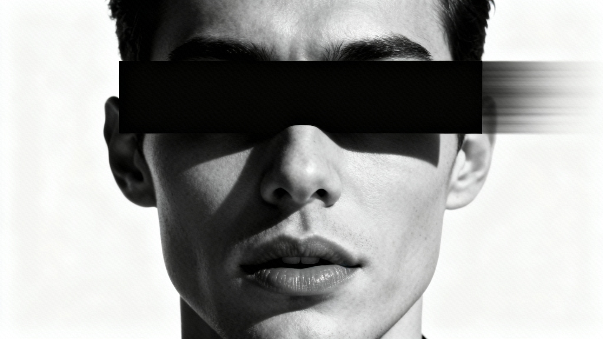 A dramatic black and white photo of a person's face with a black censor bar covering their eyes, with a motion blur effect suggesting animation.
