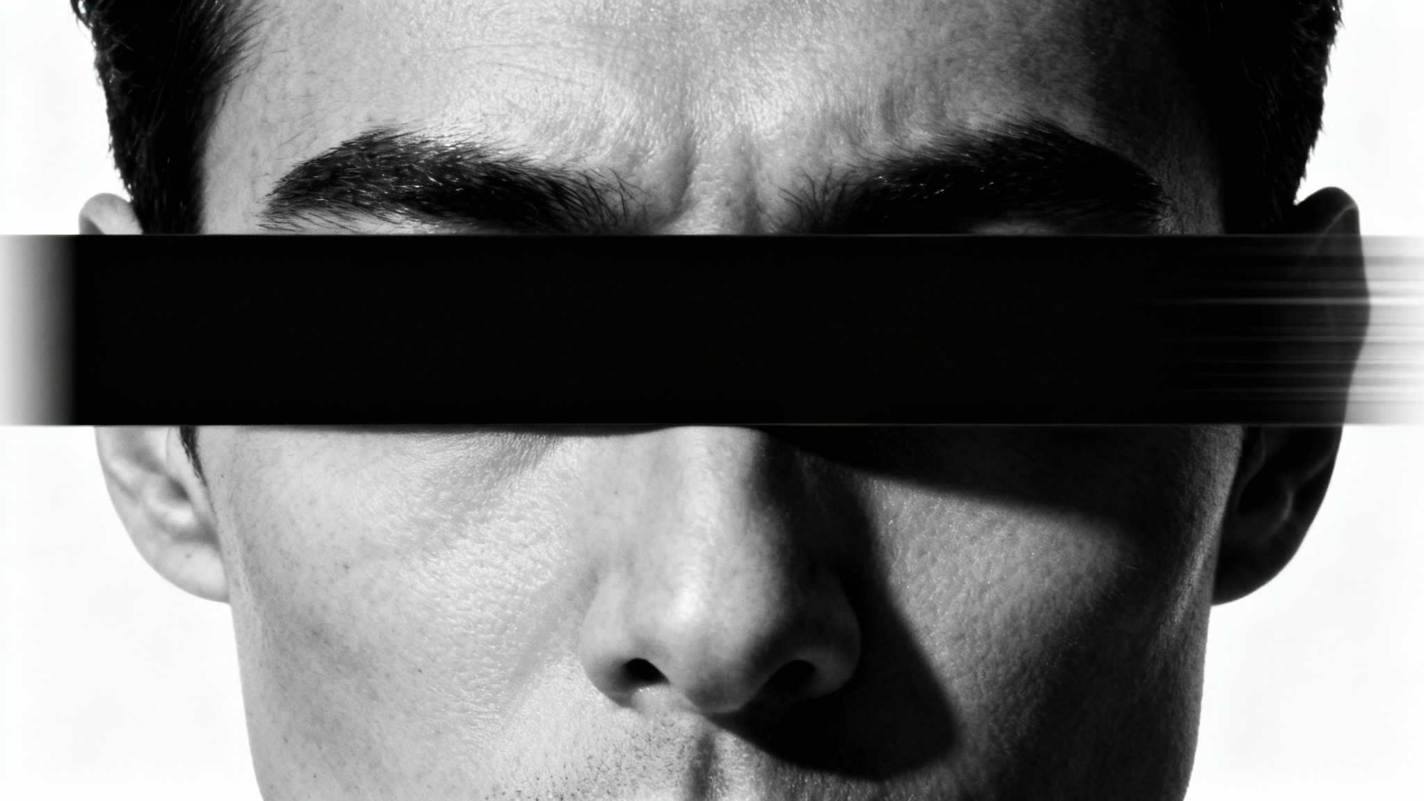 A dramatic closeup photo of a person's face against a white background, with a black censor bar sliding over their eyes, creating a motion blur effect.