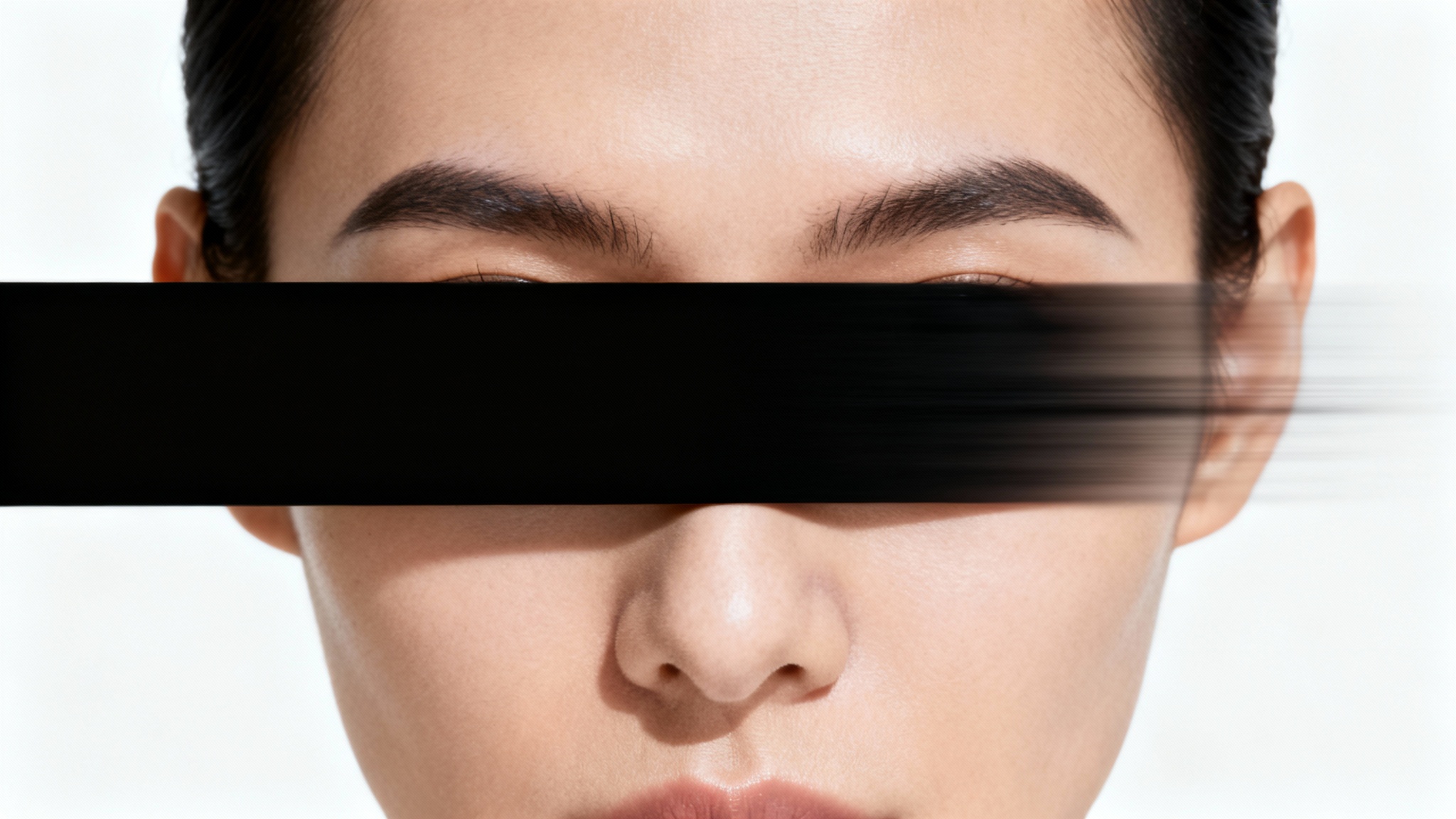A photorealistic close-up of a person's face on a white background, with a black censor bar shown in mid-motion as it slides across their eyes, implying an animation effect.