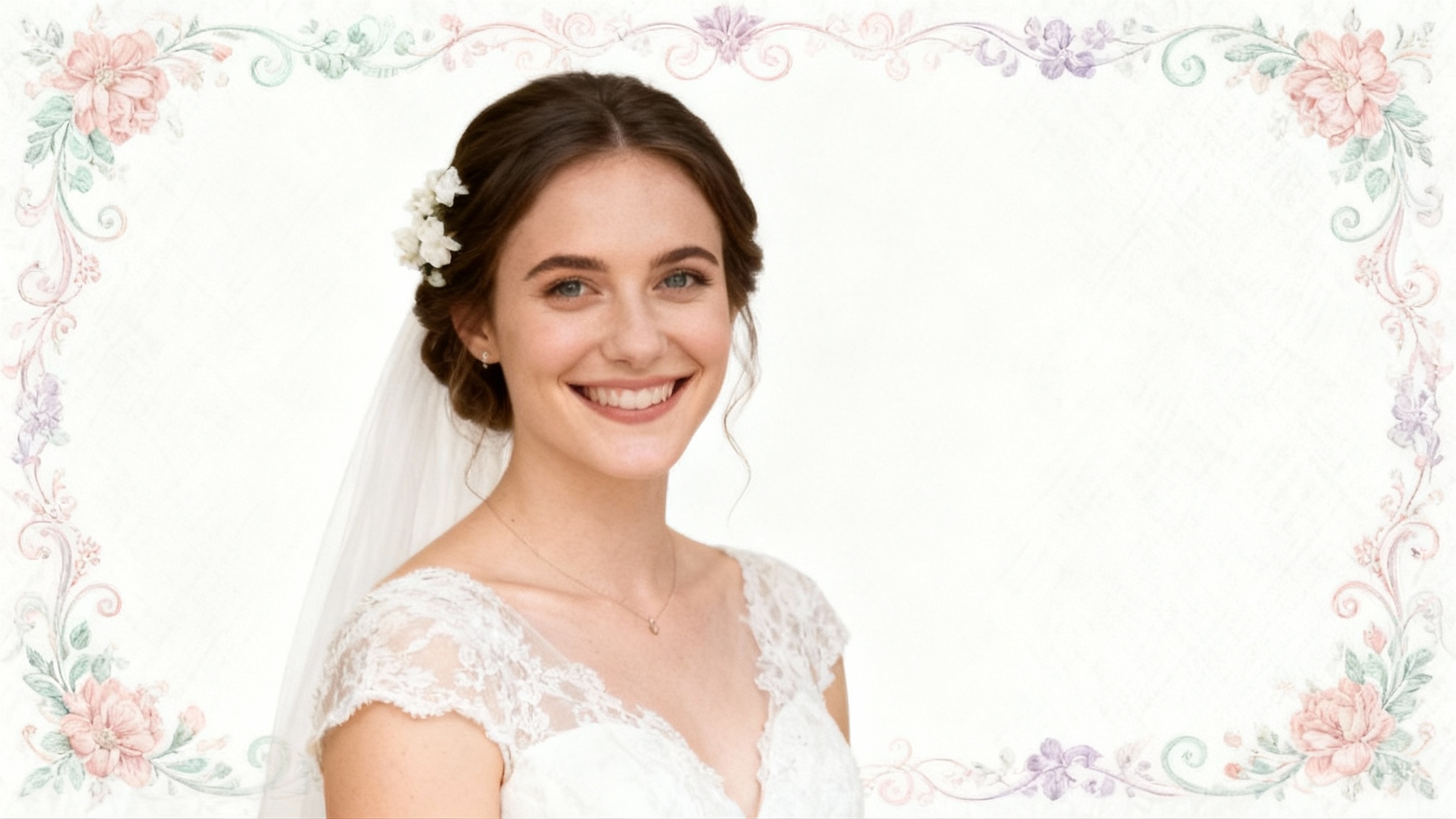 A beautiful portrait of a smiling woman, professionally framed by an elegant decorative border with floral patterns in soft pastel colors, showcasing the final result of a photo editing tool.