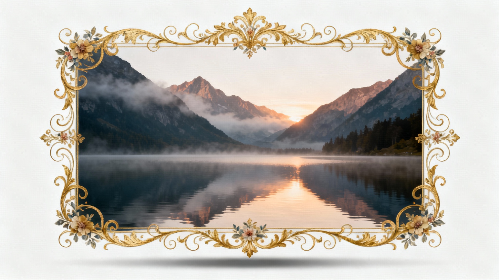 A photorealistic mockup showing a landscape photo of a mountain lake at sunrise, framed by an intricate and decorative gold border, displayed on a clean white background.
