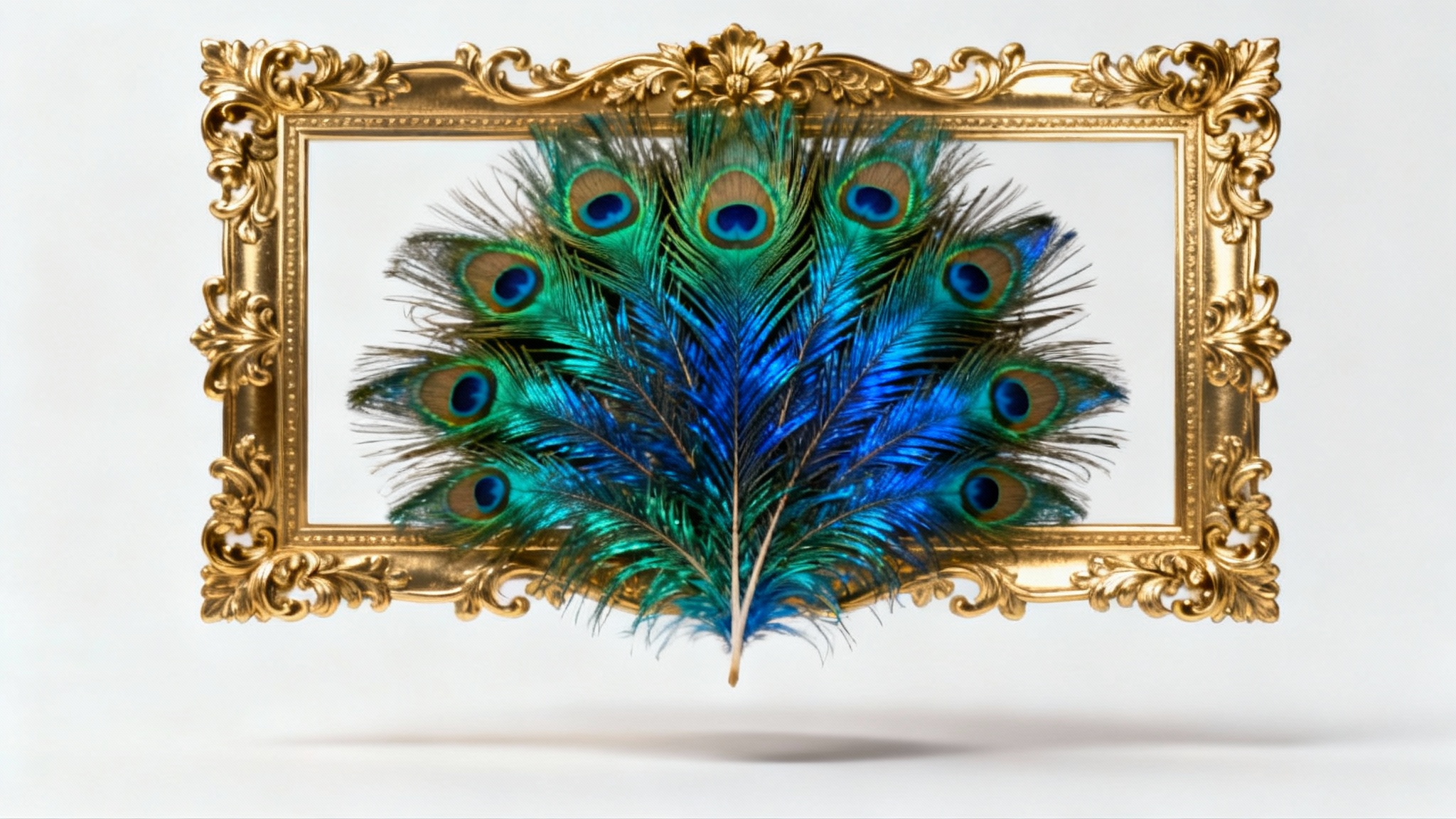 A photograph of a peacock with its feathers spread, framed by an elegant, ornate golden border, presented as a mockup on a plain white background.