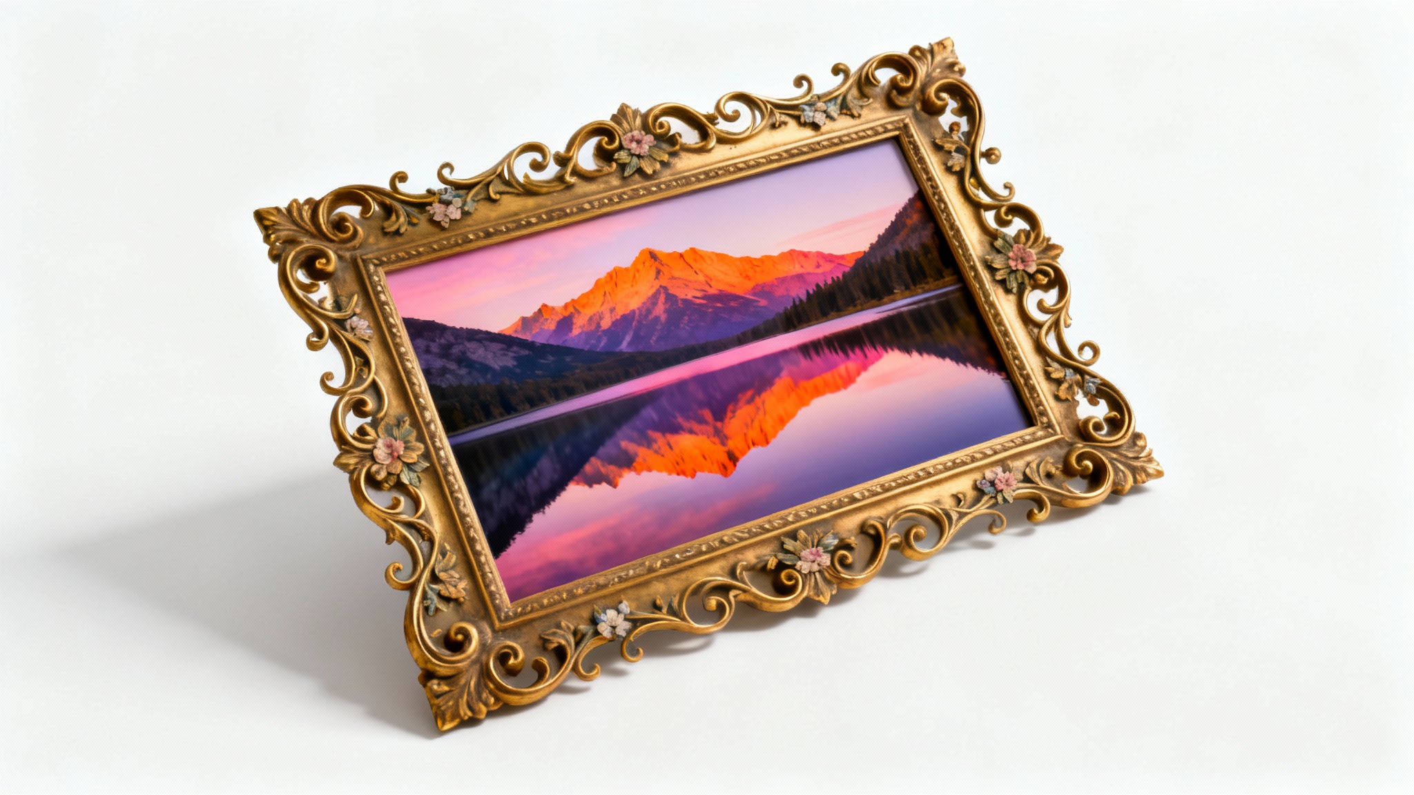 A beautiful landscape photo of a mountain lake at sunrise, framed by an elegant, ornate golden decorative border, displayed as a mockup on a plain white background.