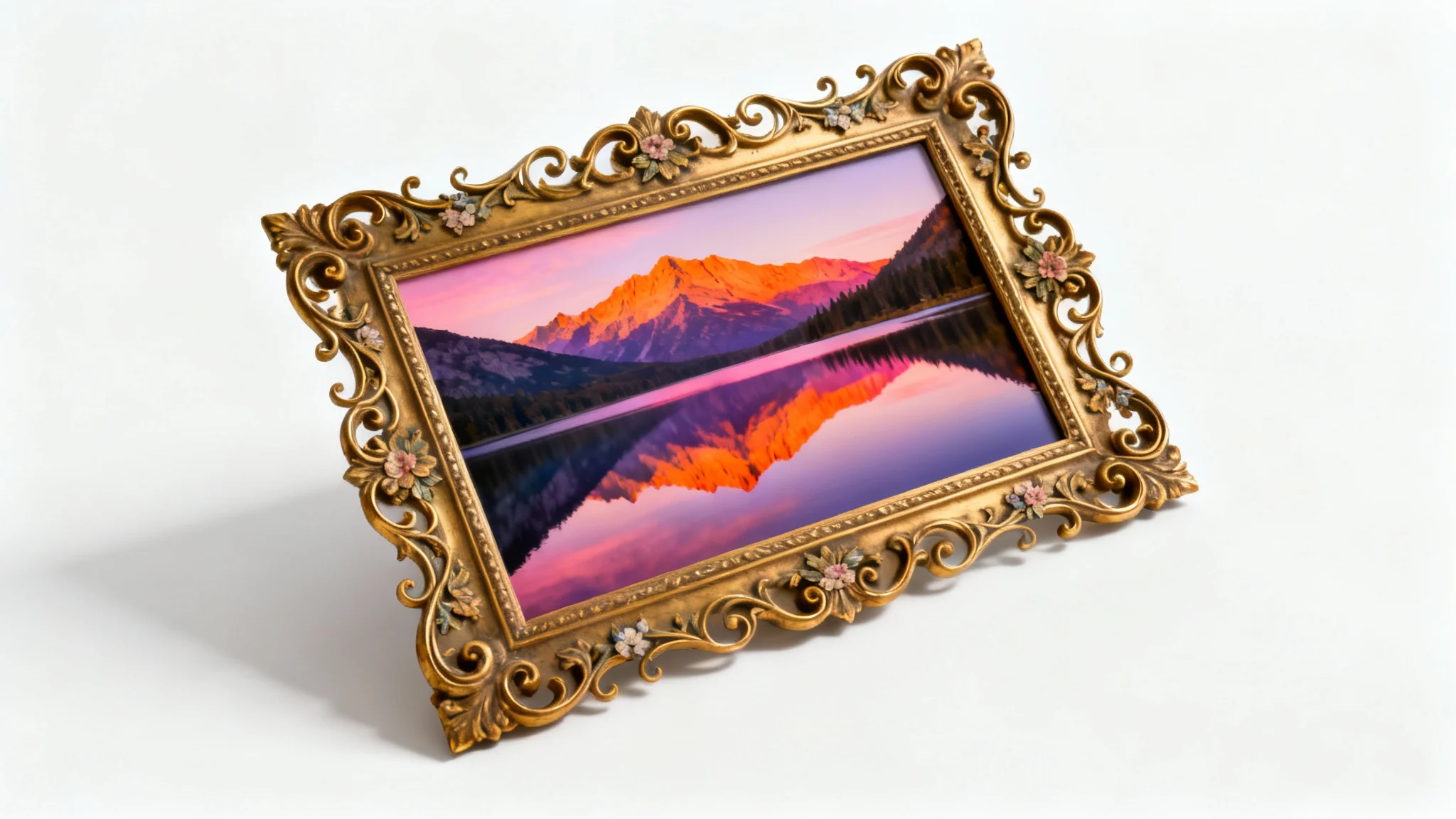 A beautiful landscape photo of a mountain lake at sunrise, framed by an elegant, ornate golden decorative border, displayed as a mockup on a plain white background.