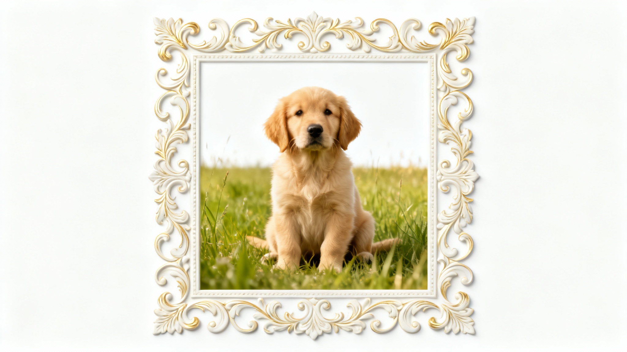 A photograph of a cute puppy in a meadow, framed with an elegant decorative floral border, presented as a mockup on a white background.