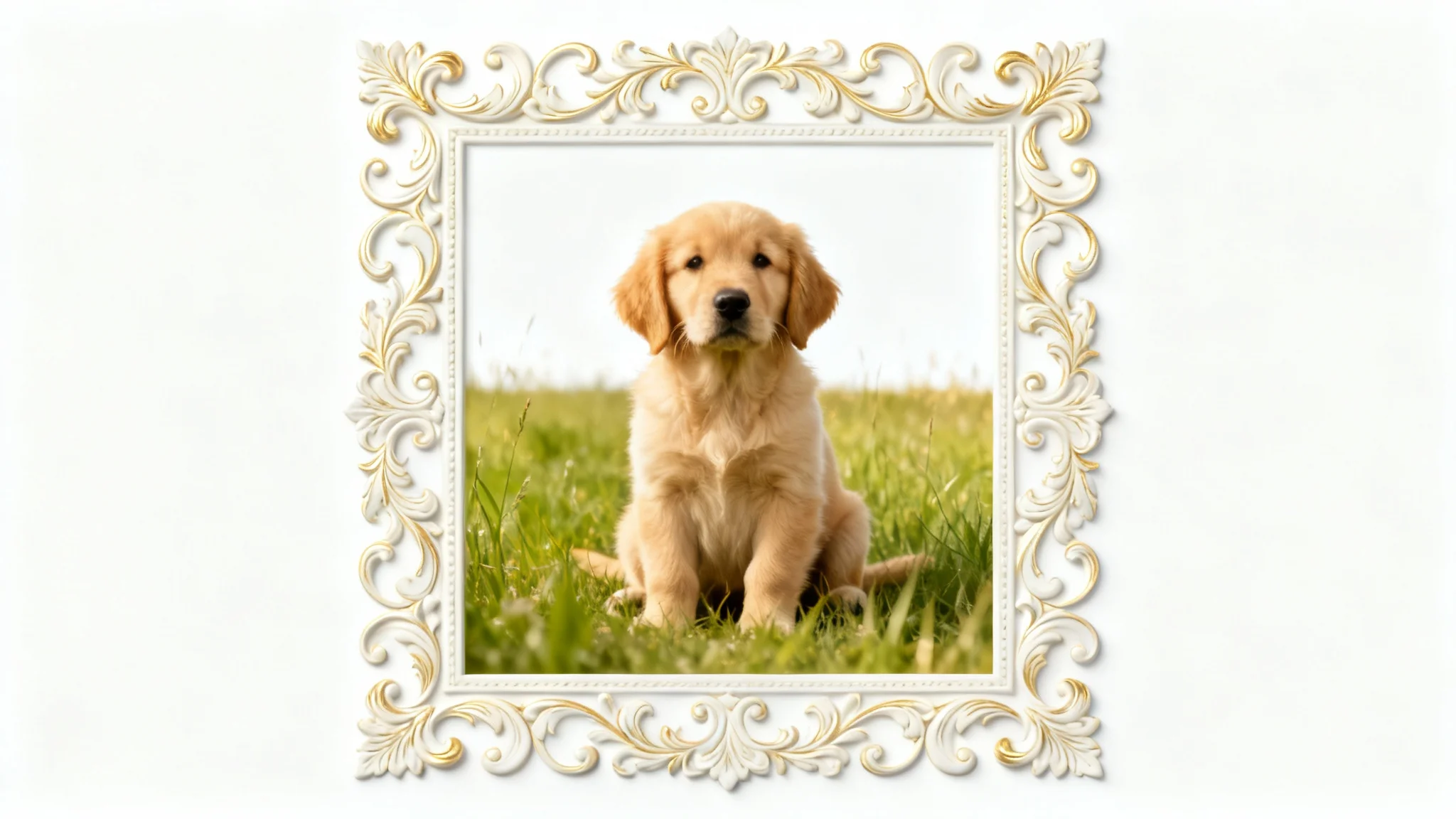 A photograph of a cute puppy in a meadow, framed with an elegant decorative floral border, presented as a mockup on a white background.