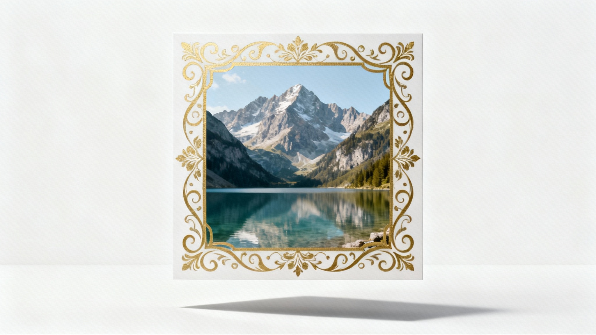 A beautiful landscape photograph of mountains and a lake, framed with an elegant decorative golden border, shown against a plain white background.