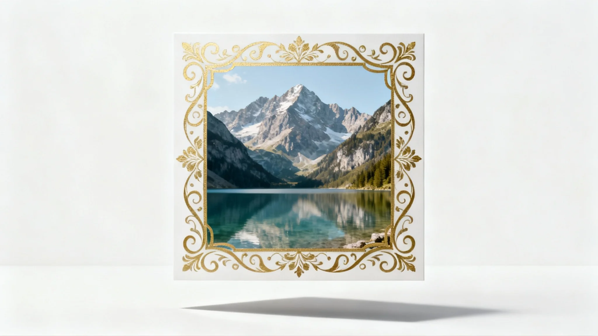 A beautiful landscape photograph of mountains and a lake, framed with an elegant decorative golden border, shown against a plain white background.