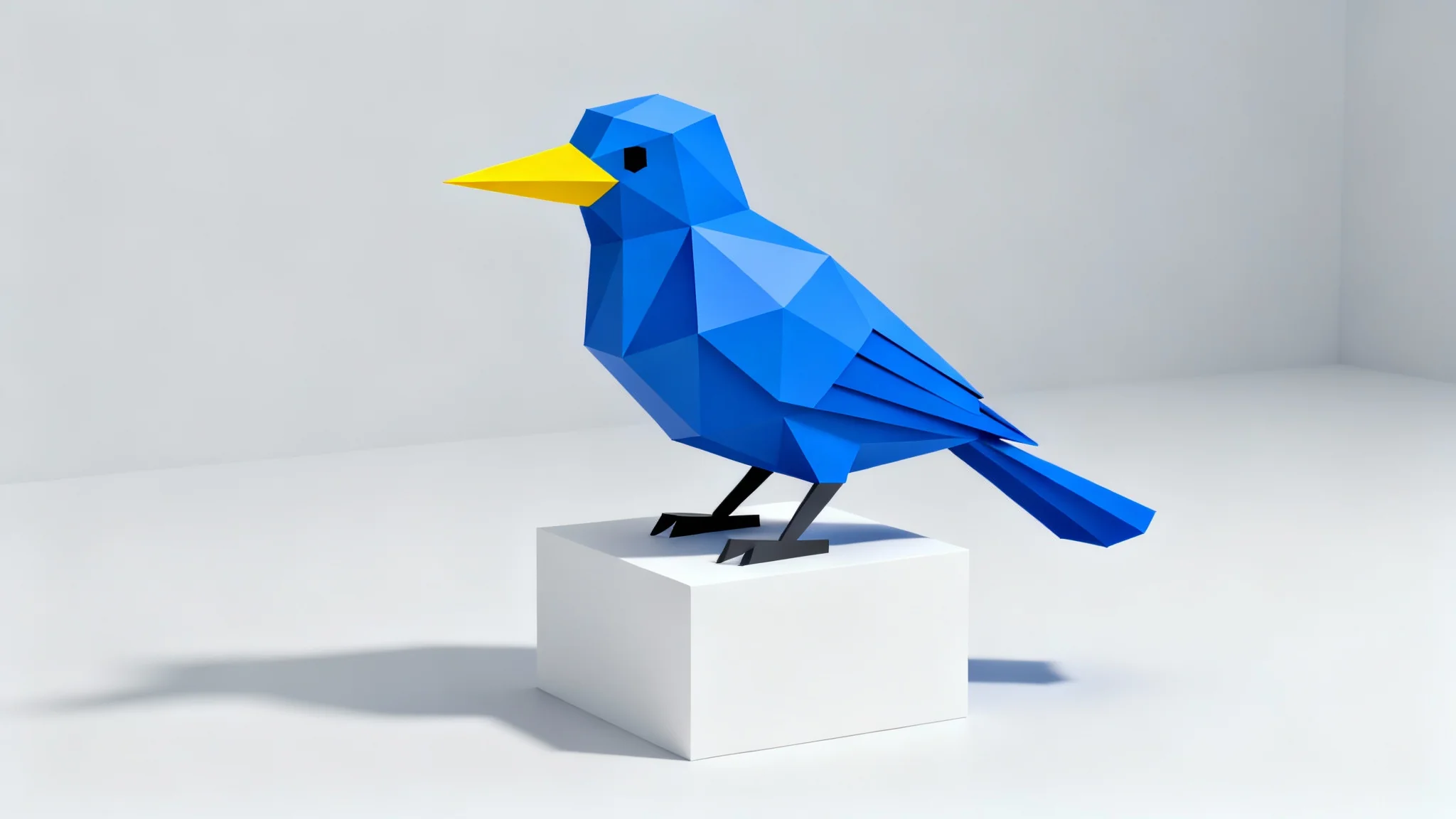 A polished 3D render of a low poly bird, featuring a vibrant blue geometric body and a yellow beak, perched on a white block against a minimalist grey background.