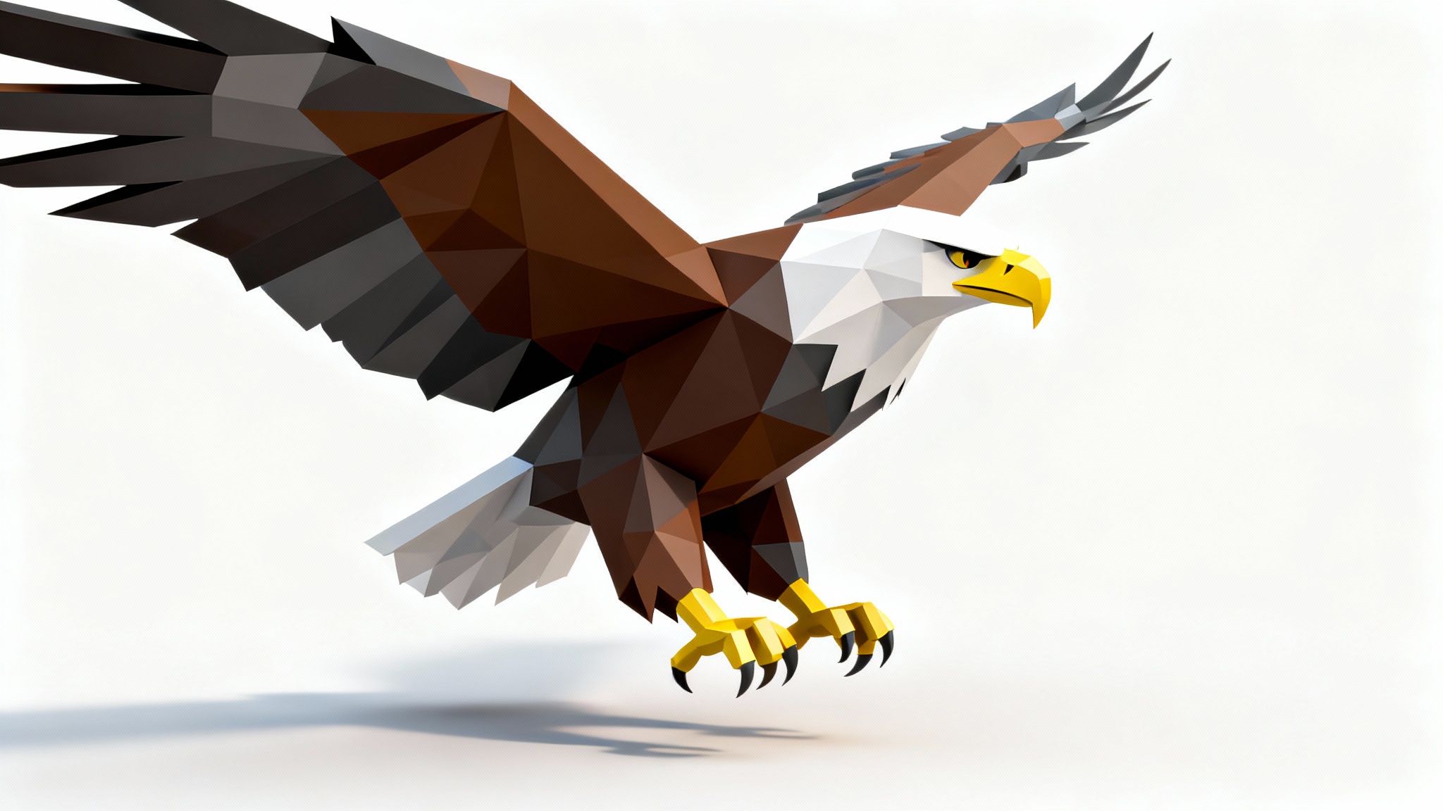 A 3D model of an eagle in a low poly style, featuring geometric facets in brown, gray, and white, set against a clean white background.