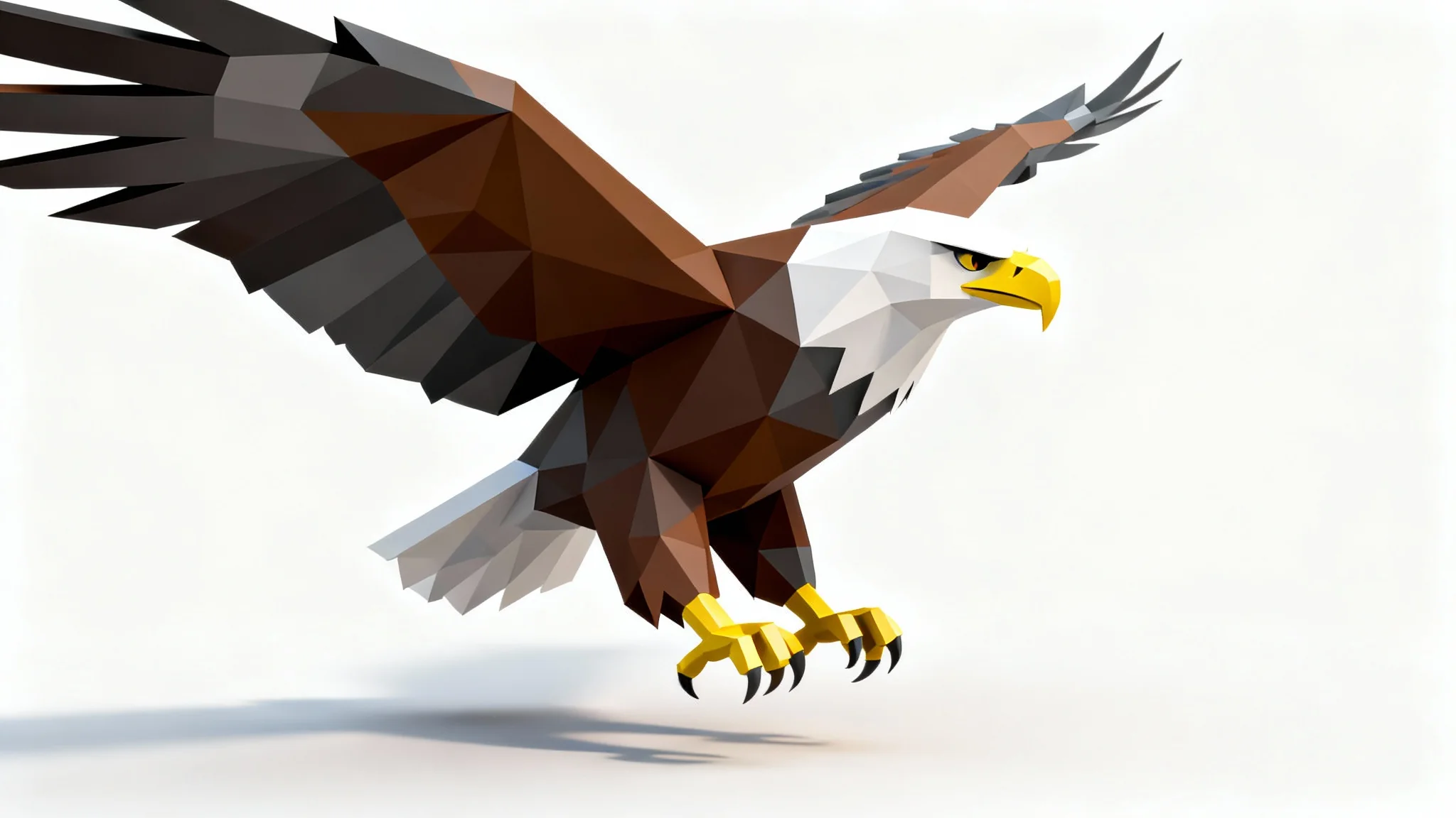 A 3D model of an eagle in a low poly style, featuring geometric facets in brown, gray, and white, set against a clean white background.