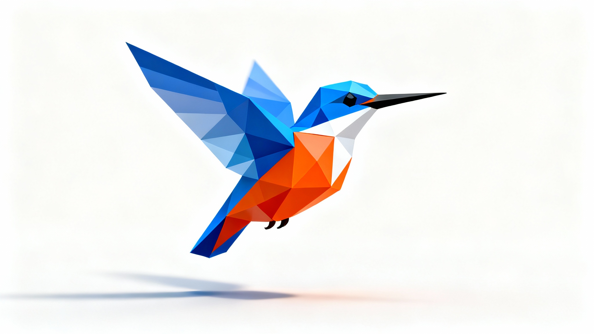 A digital 3D model of a bird created in a low-poly style, featuring vibrant blue and orange geometric facets, shown mid-flight against a clean white background.