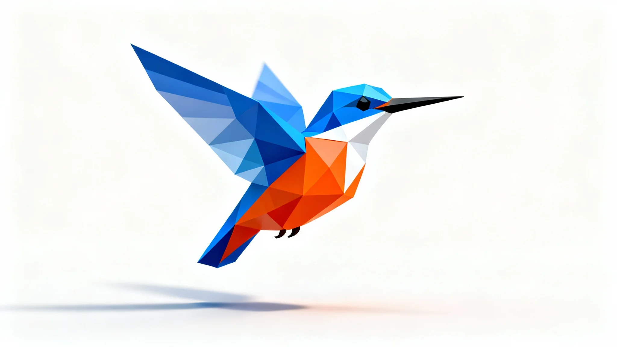 A digital 3D model of a bird created in a low-poly style, featuring vibrant blue and orange geometric facets, shown mid-flight against a clean white background.