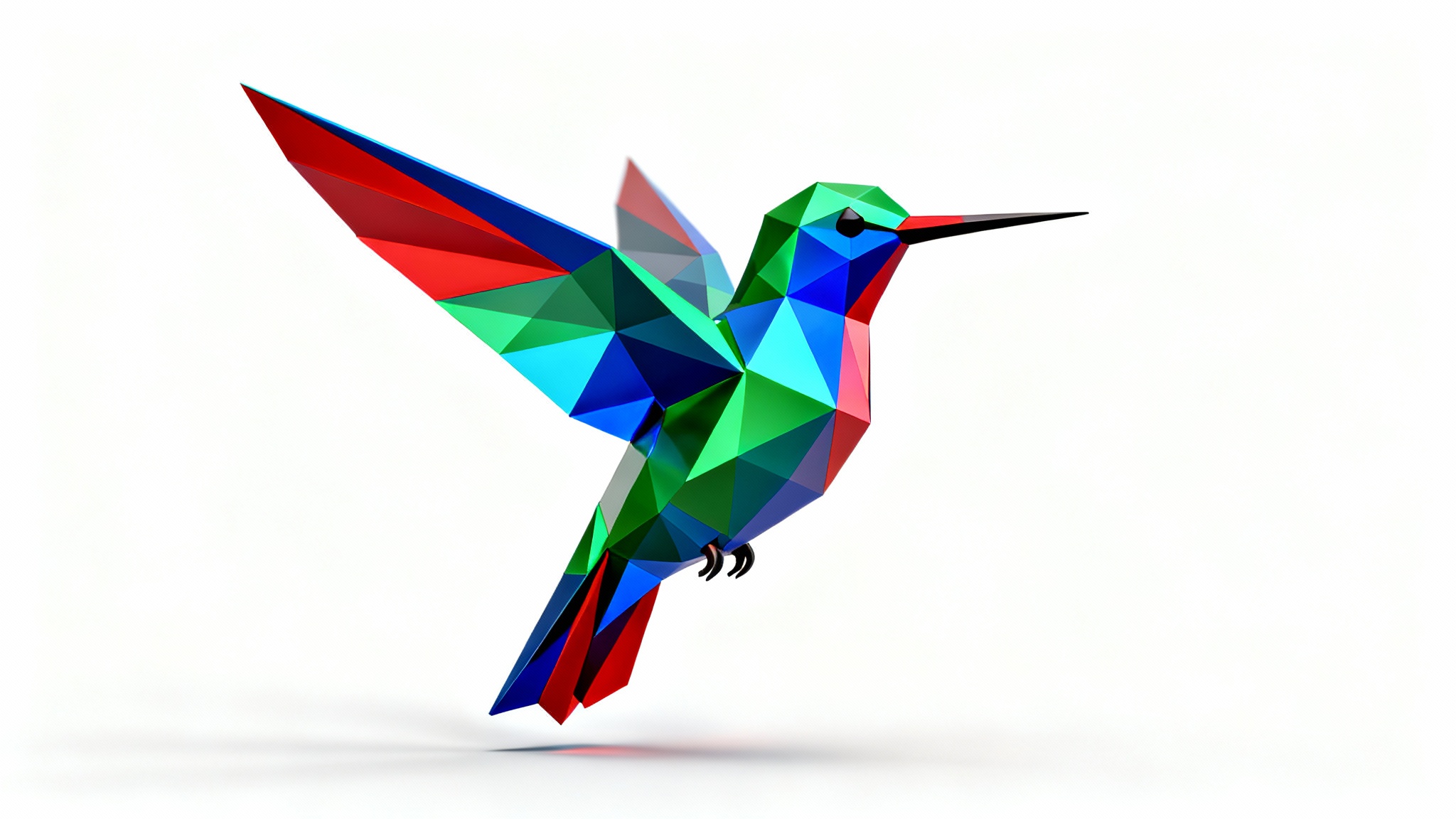 A digital 3D model of a hummingbird in a low poly style, featuring vibrant green and blue geometric facets, captured mid-flight against a plain white background.