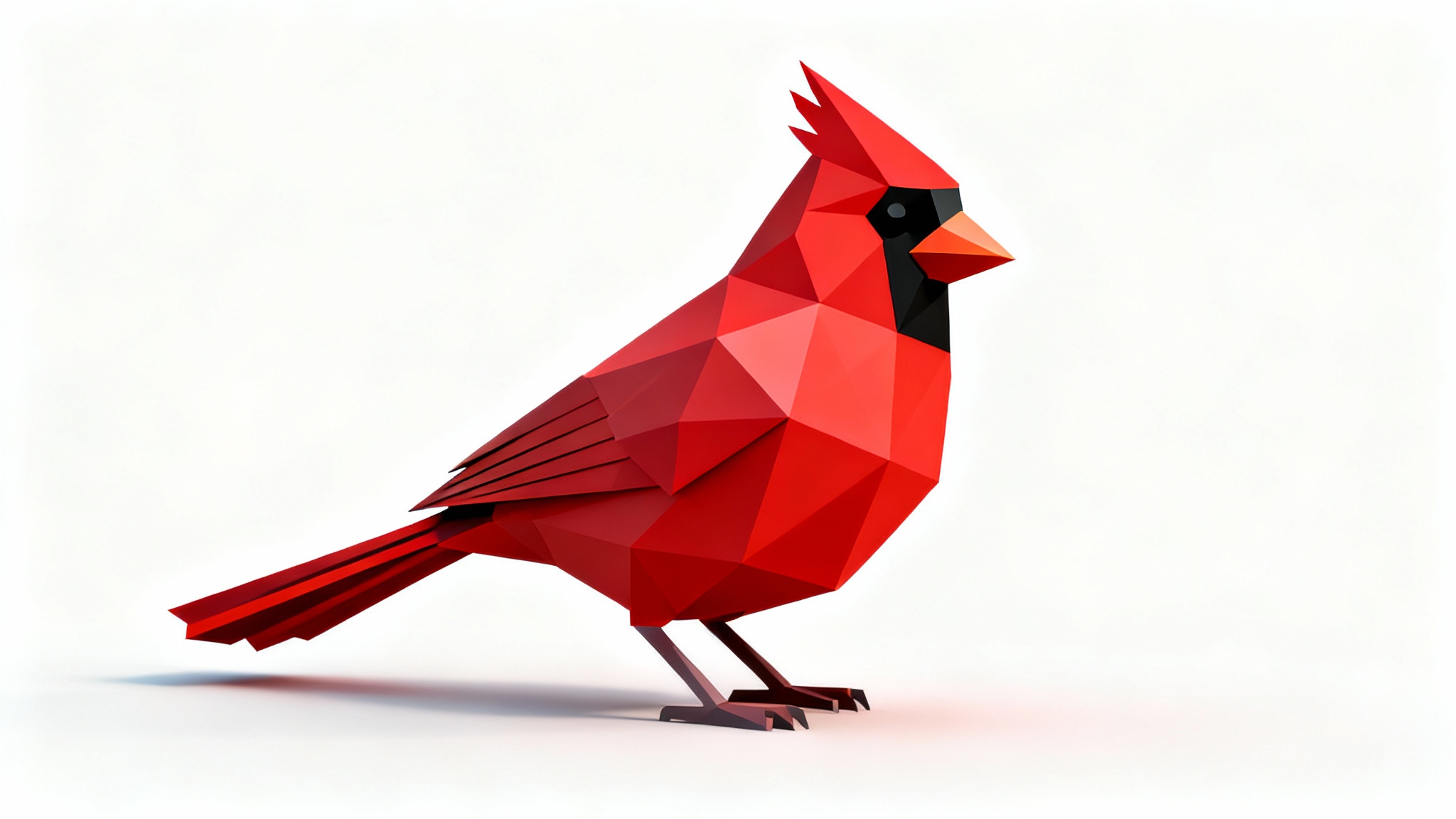 A digital 3D model of a cardinal bird created in a low-polygon style, showcasing its geometric facets in vibrant red and black against a plain white background.