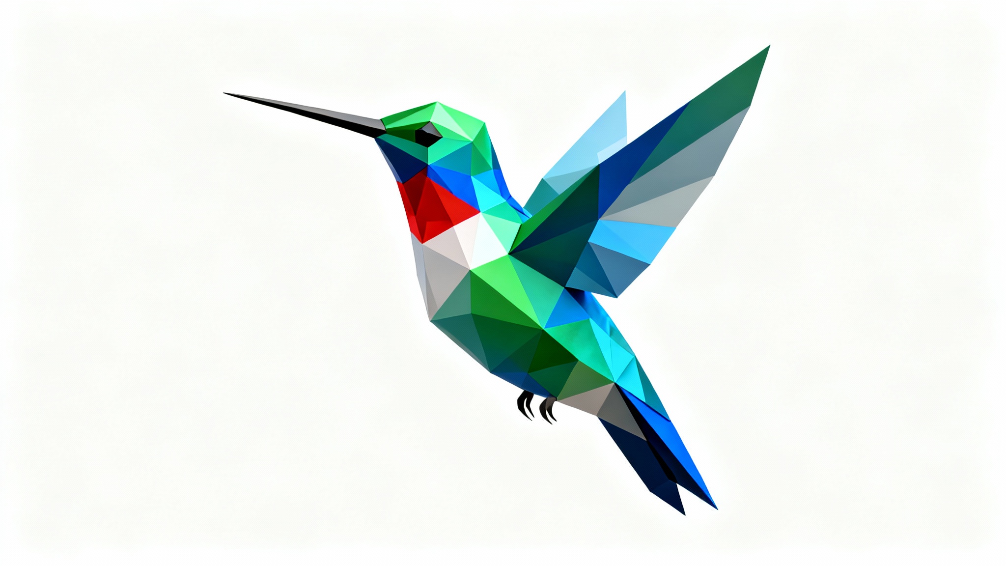 A 3D digital render of a low poly hummingbird model with vibrant green, blue, and red geometric facets, hovering against a solid white background.