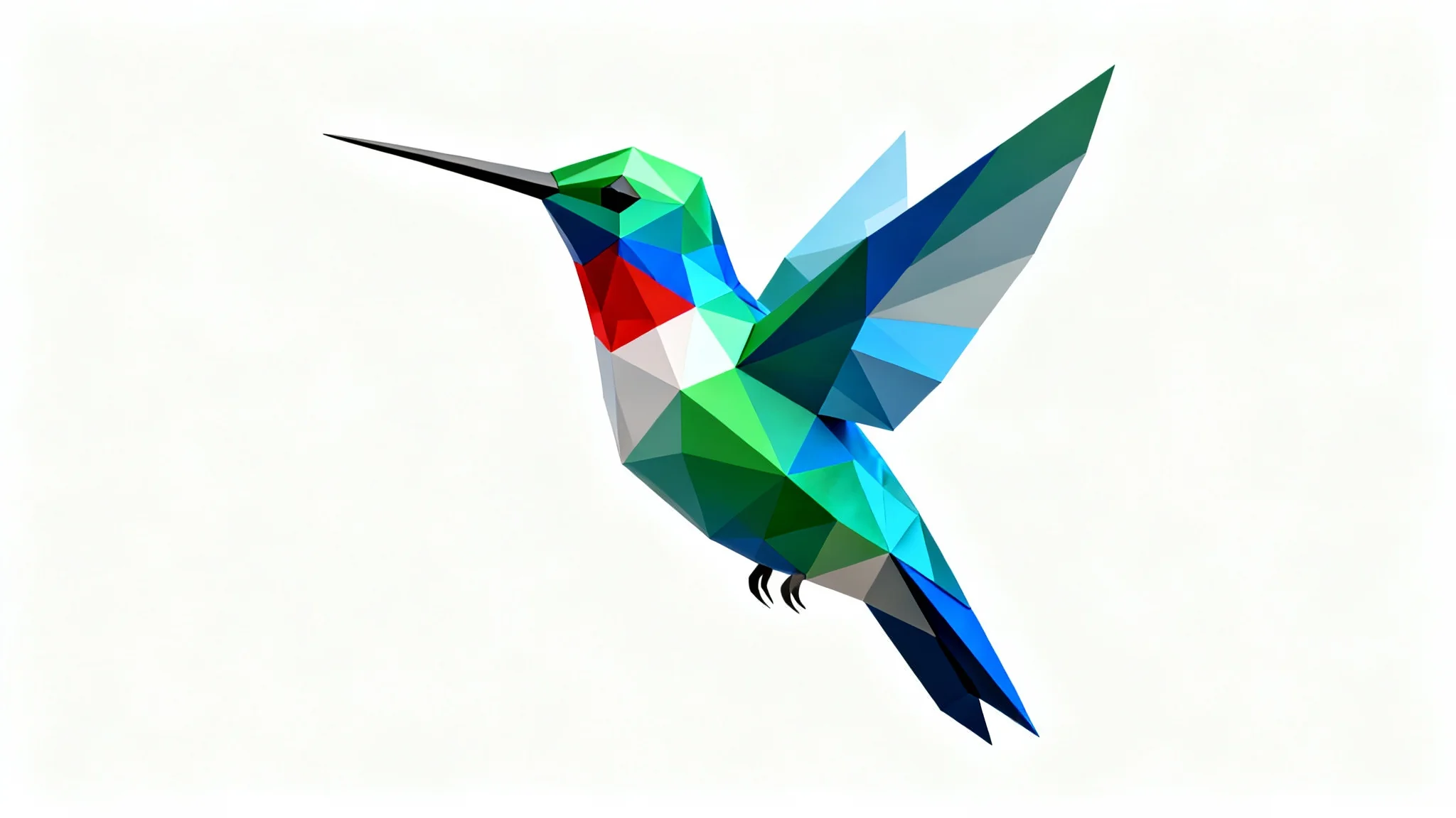 A 3D digital render of a low poly hummingbird model with vibrant green, blue, and red geometric facets, hovering against a solid white background.