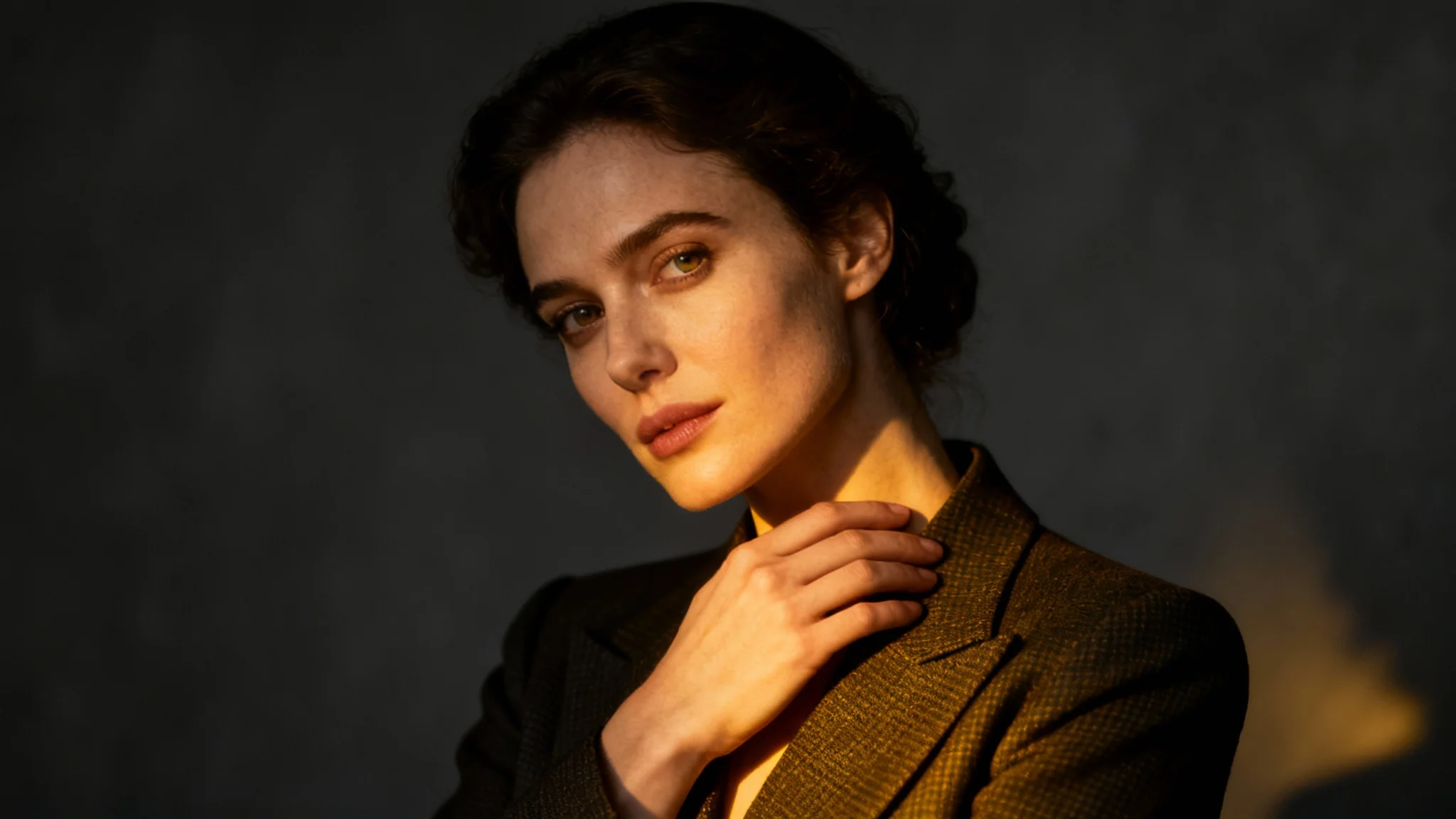 An eye-catching, professional studio portrait of a woman in an elegant pose, demonstrating a perfect result from a portrait pose reference tool.