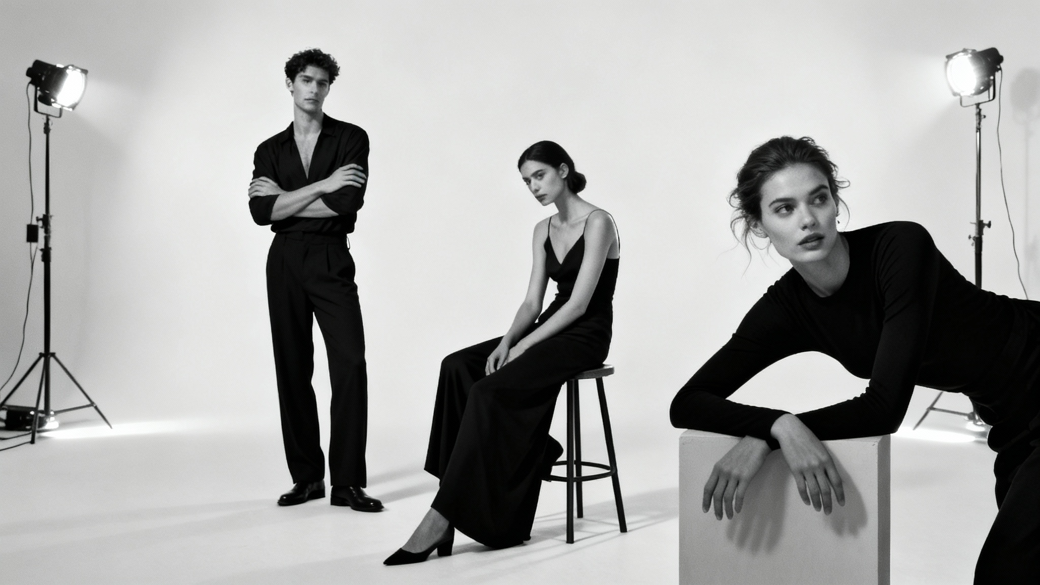 Three diverse models in a studio setting, demonstrating various portrait poses against a clean off-white background.