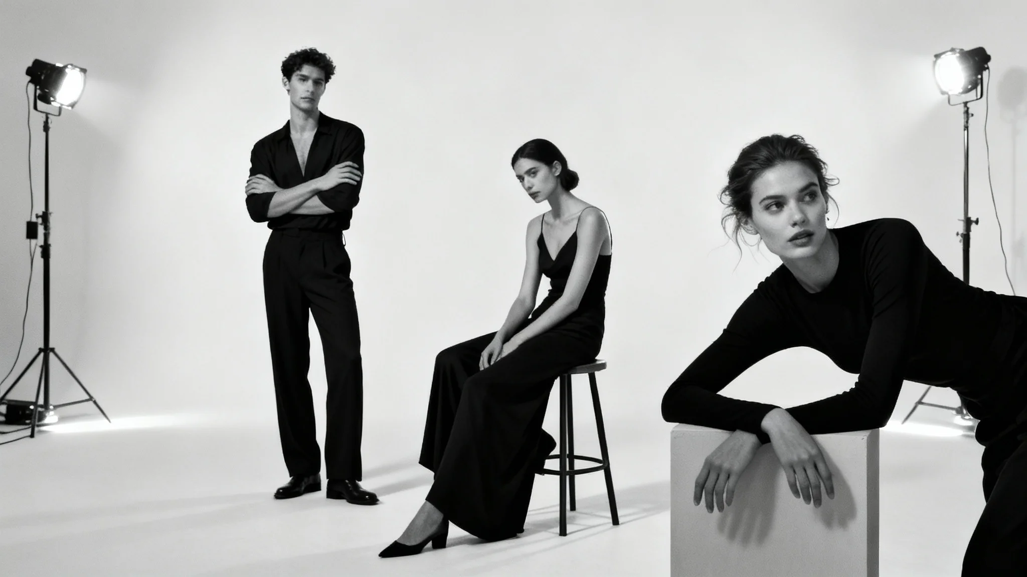 Three diverse models in a studio setting, demonstrating various portrait poses against a clean off-white background.
