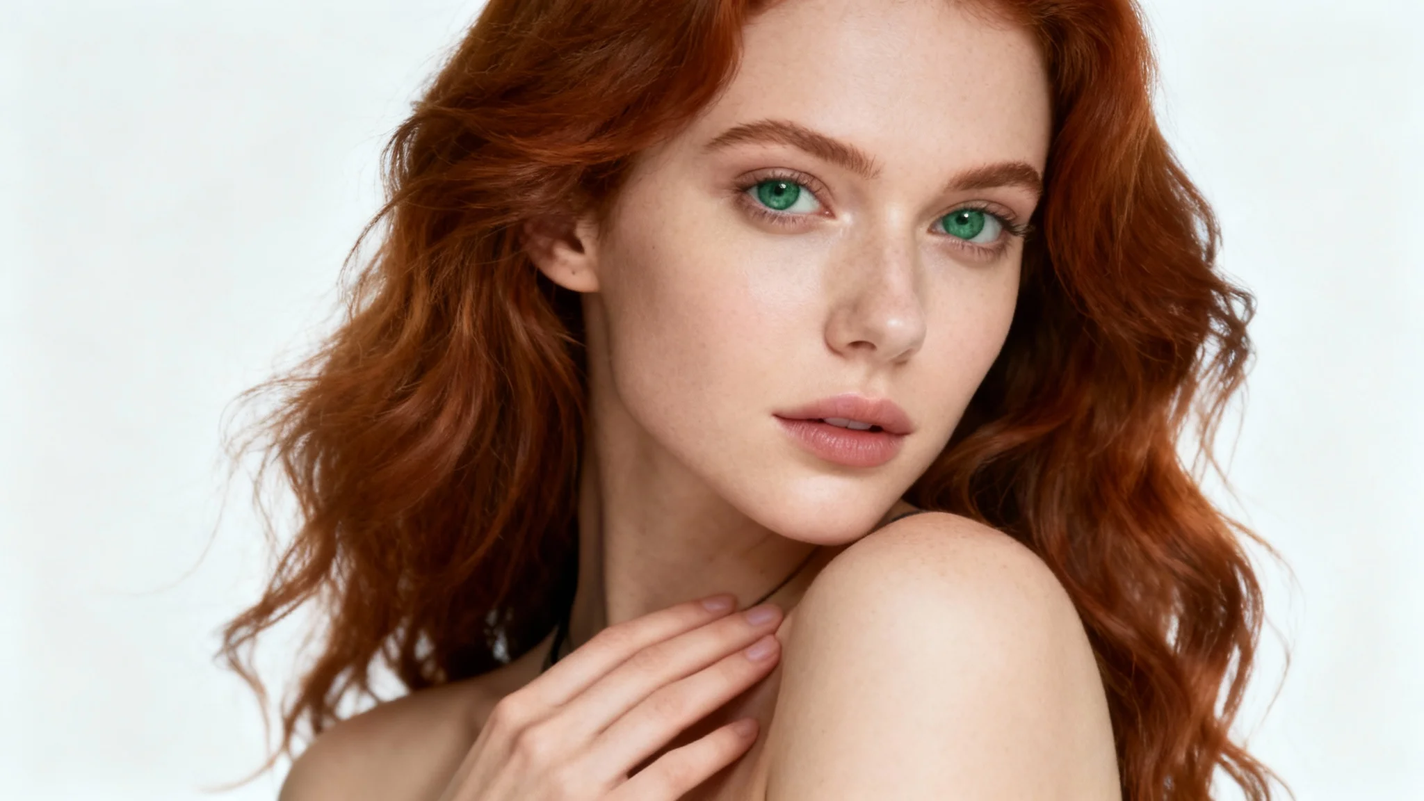 A photorealistic portrait of a young woman with auburn hair, posing gracefully against a clean white background as a reference for portrait photography.
