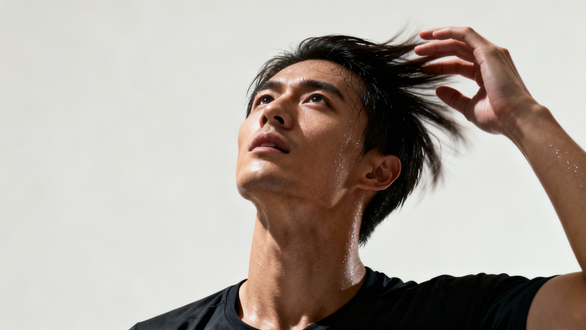 A hyperrealistic digital portrait of a person in a dynamic pose against a plain white background, serving as a reference for artists.