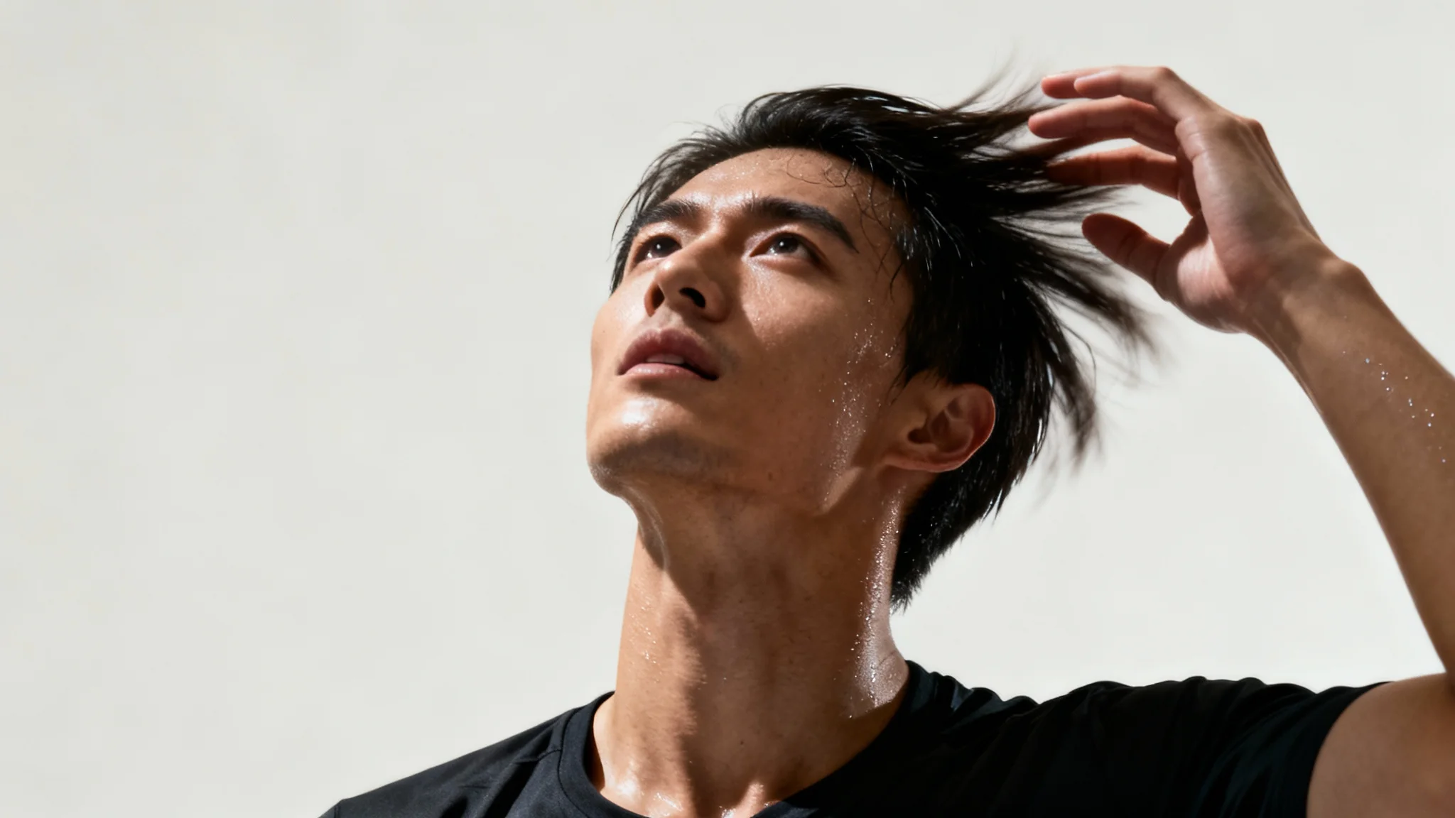 A hyperrealistic digital portrait of a person in a dynamic pose against a plain white background, serving as a reference for artists.