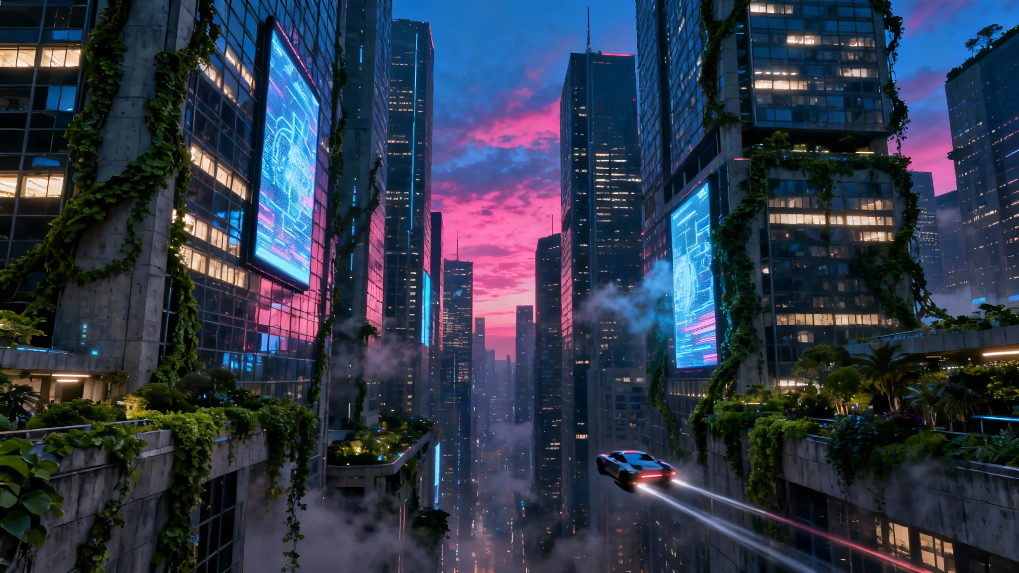 A cinematic, wide-angle view of a futuristic city at twilight, where massive skyscrapers are intertwined with lush green jungle foliage and vines, representing a 'concrete jungle'.