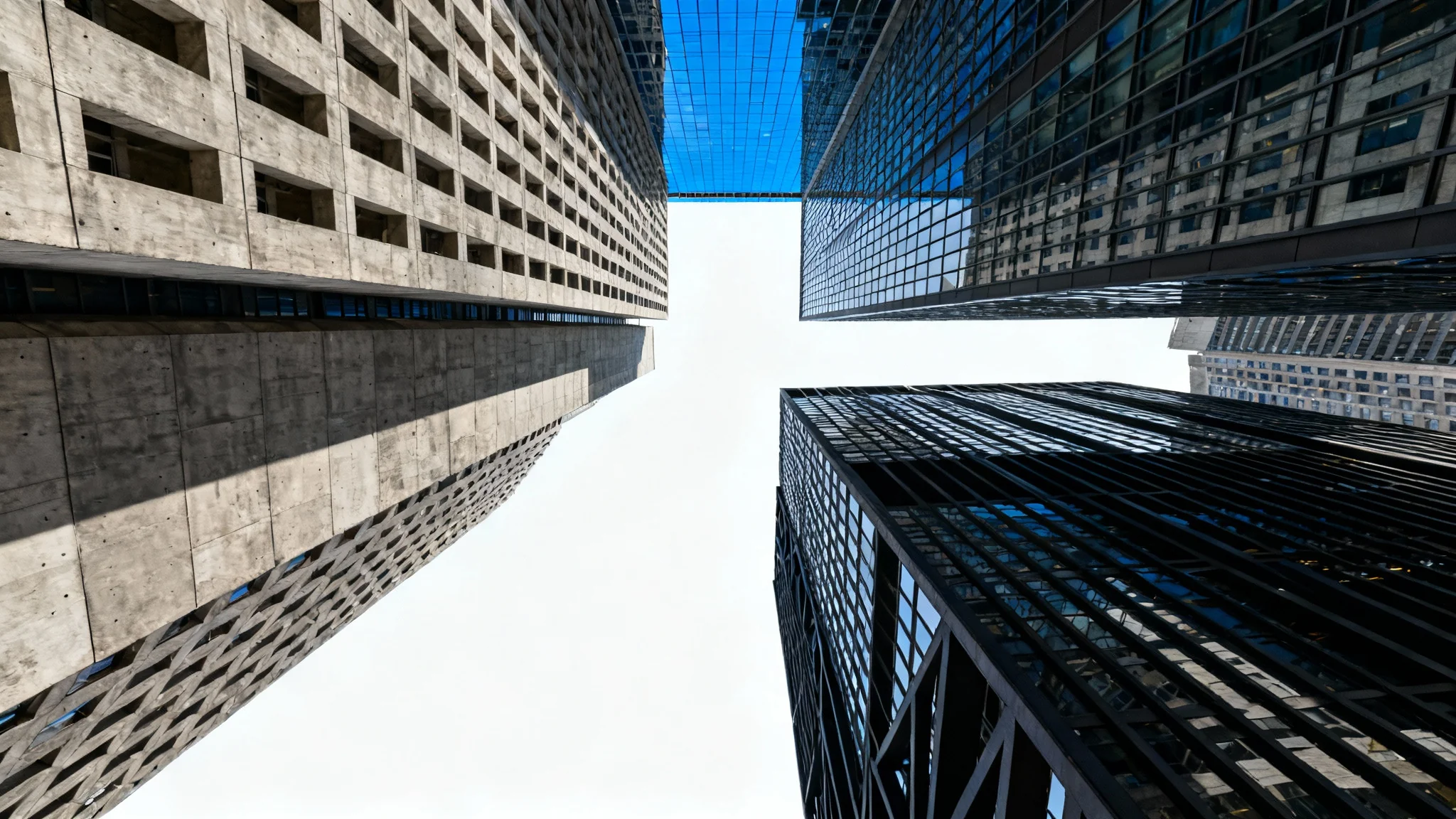 A dramatic low-angle photograph looking up at a dense cluster of towering modern skyscrapers, symbolizing a concrete jungle, set against a clean white background.