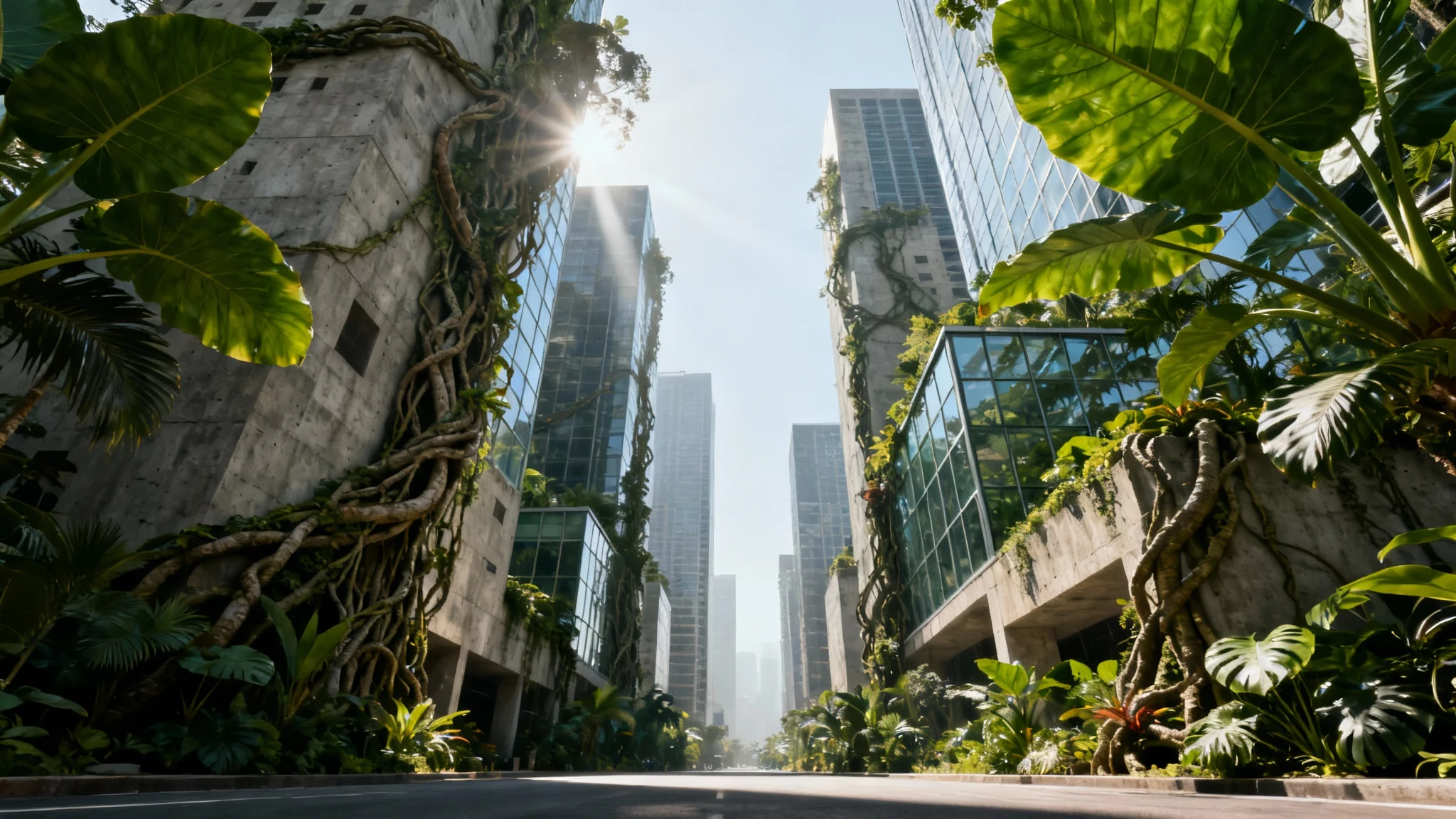 A low-angle view looking up at a surreal cityscape where massive skyscrapers are overgrown with lush jungle vines and large tropical leaves, illustrating the concept of a "concrete jungle".