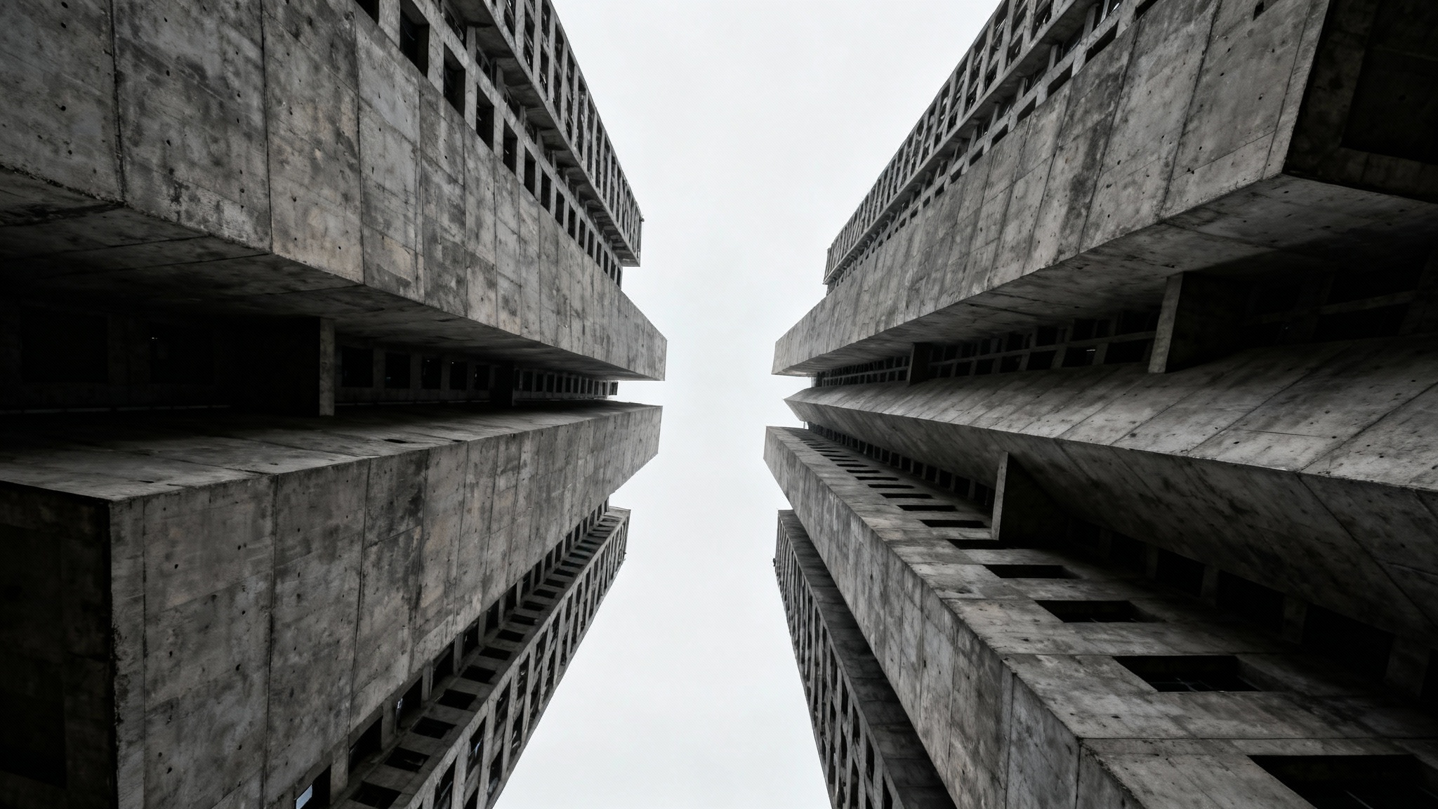 A dramatic low-angle shot looking up at towering, brutalist-style concrete skyscrapers, symbolizing a dense 'concrete jungle'.